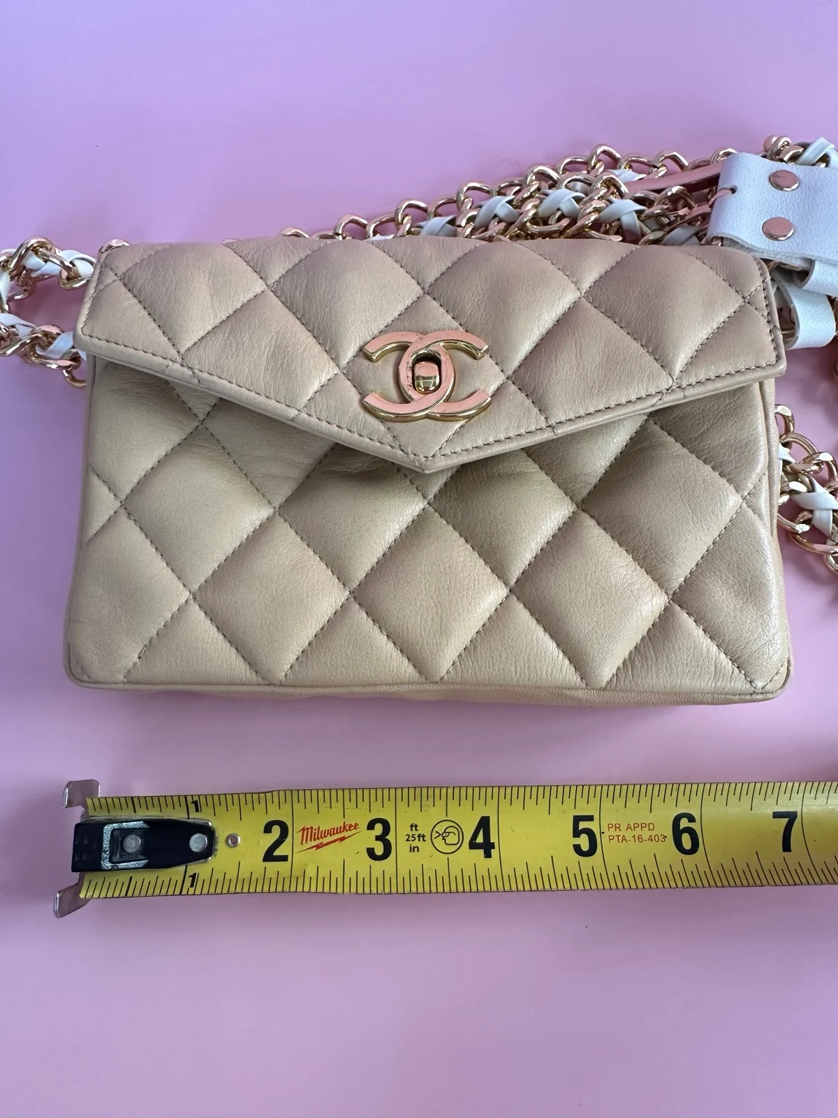 CHANEL Quilted Beige Lambskin Matelasse Logo Chain Bag