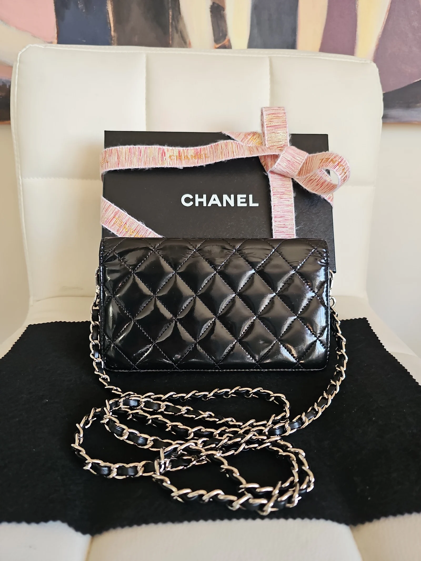 CHANEL Black Patent Leather Quilted Wallet