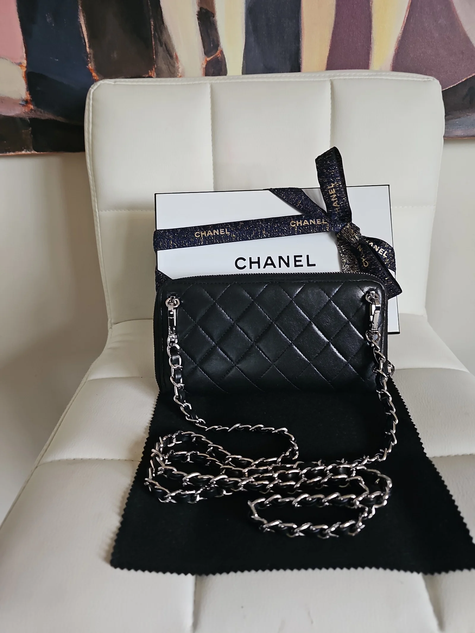CHANEL Black Lambskin Quilted Zip Around Wallet