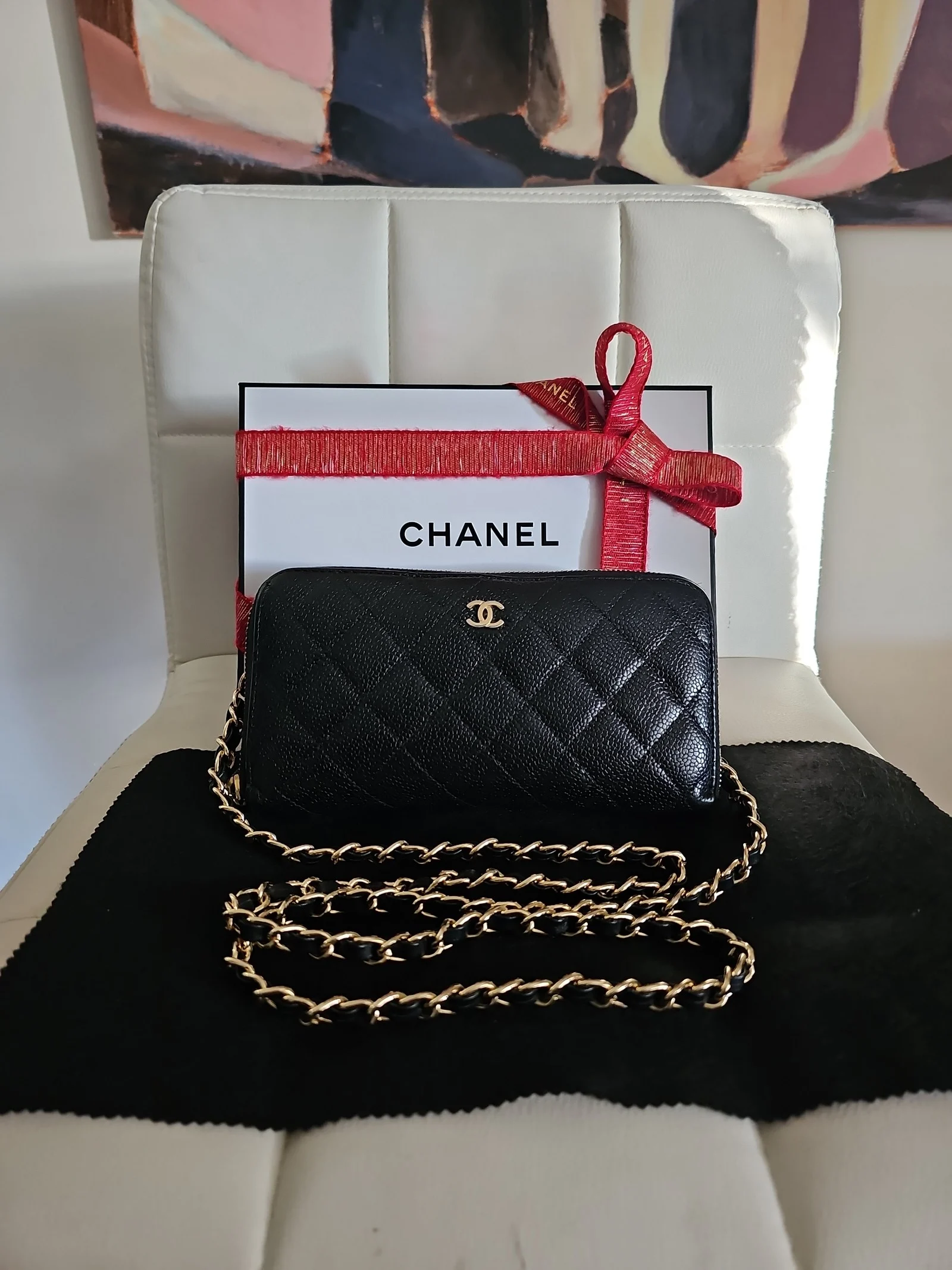 CHANEL Black Caviar Quilted Zip Around Wallet