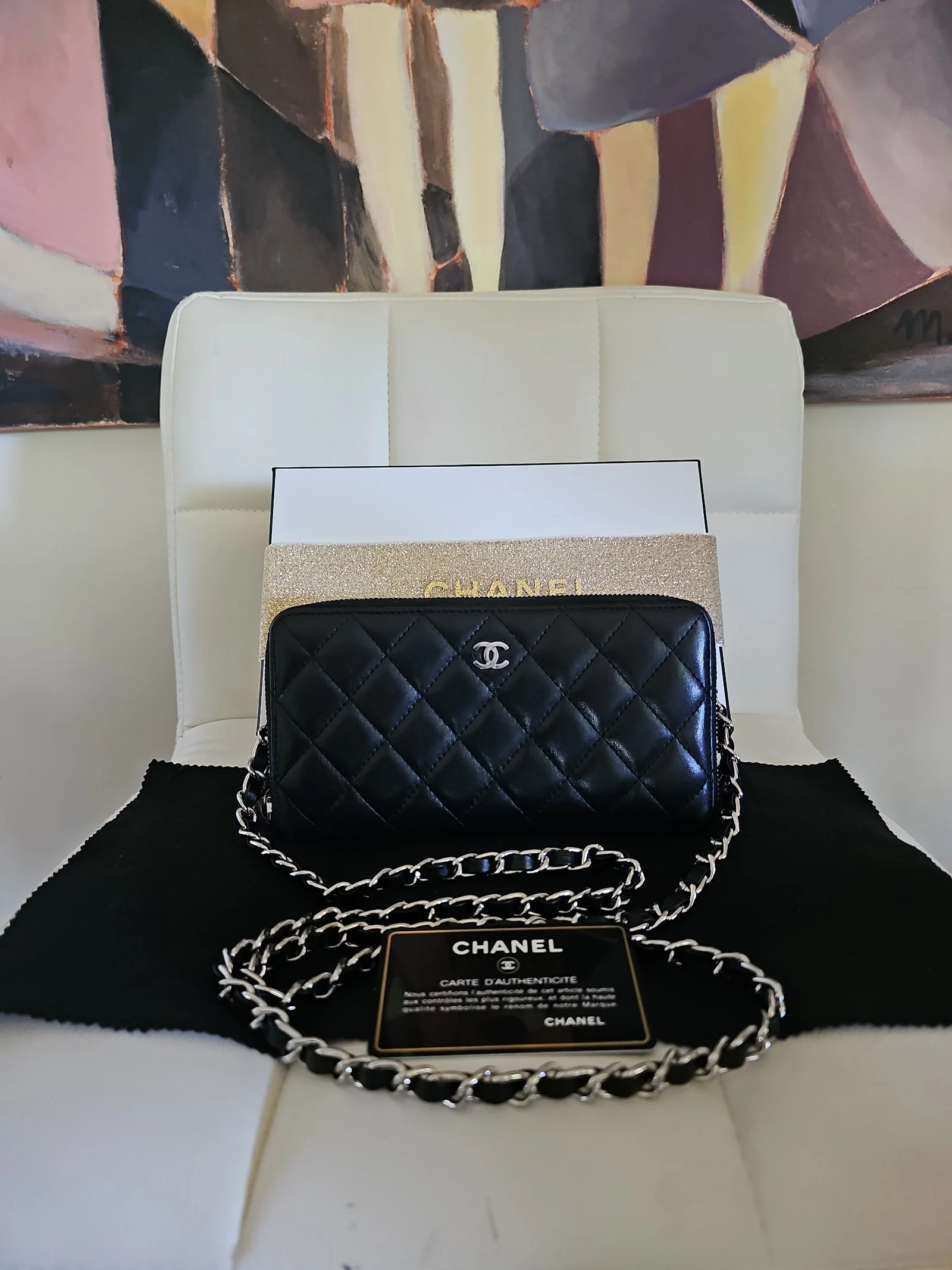 CHANEL Black Lambskin Quilted Zip Around Wallet