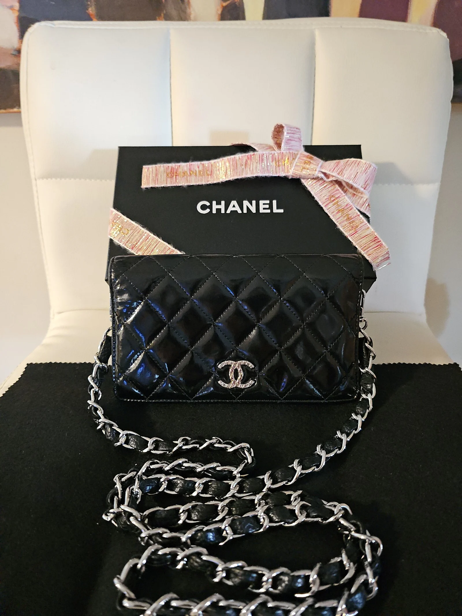 CHANEL Black Patent Leather Matelasse Wallet