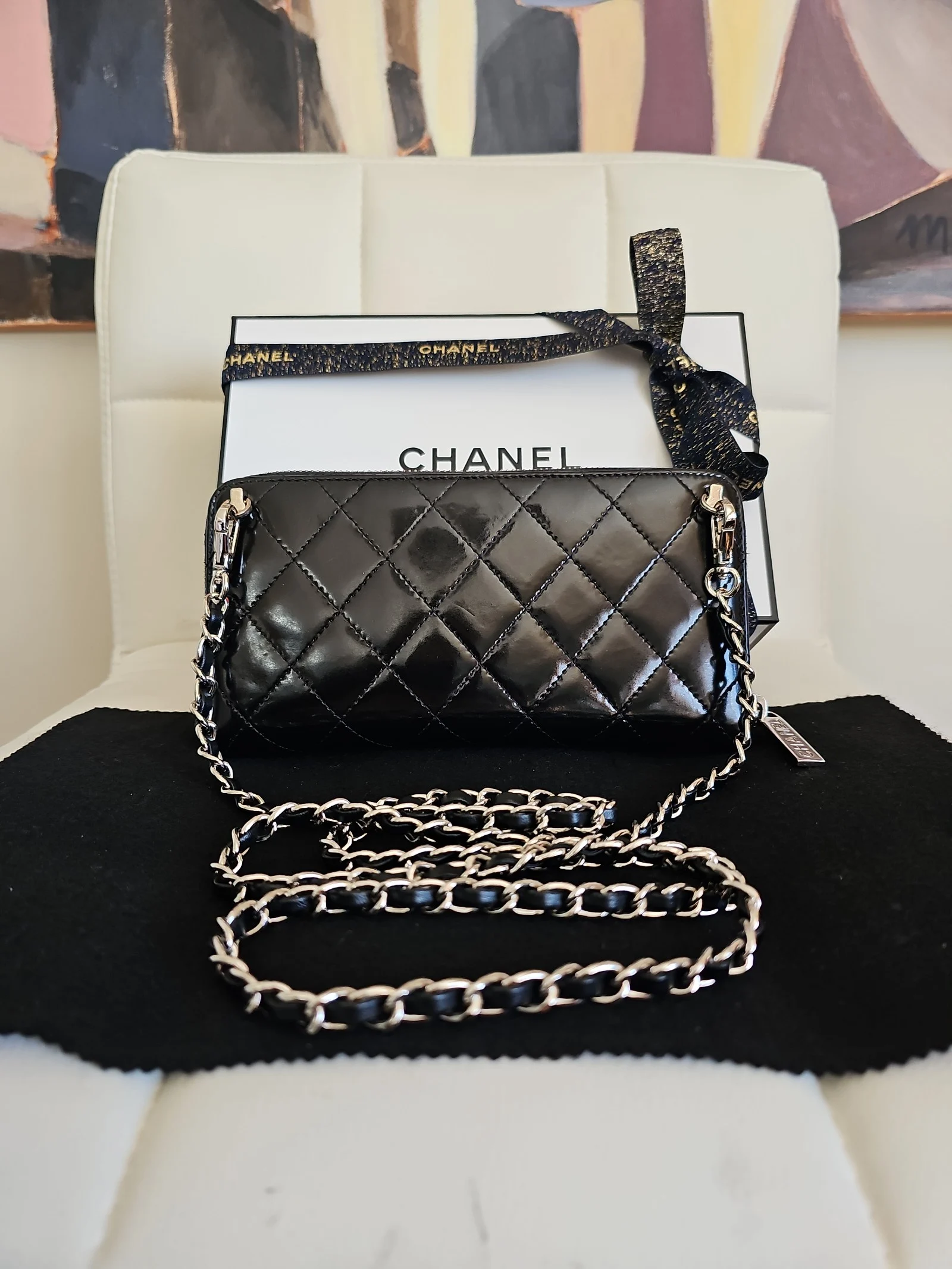 CHANEL Black Patent Leather Quilted Zip Around Wallet