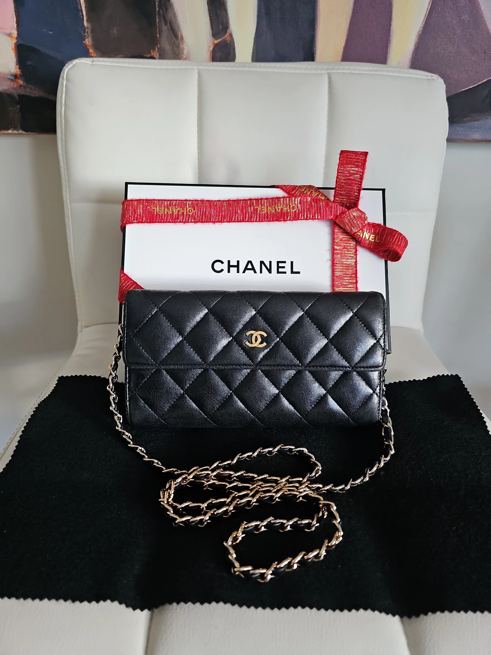 CHANEL Black Lambskin Quilted Long Wallet