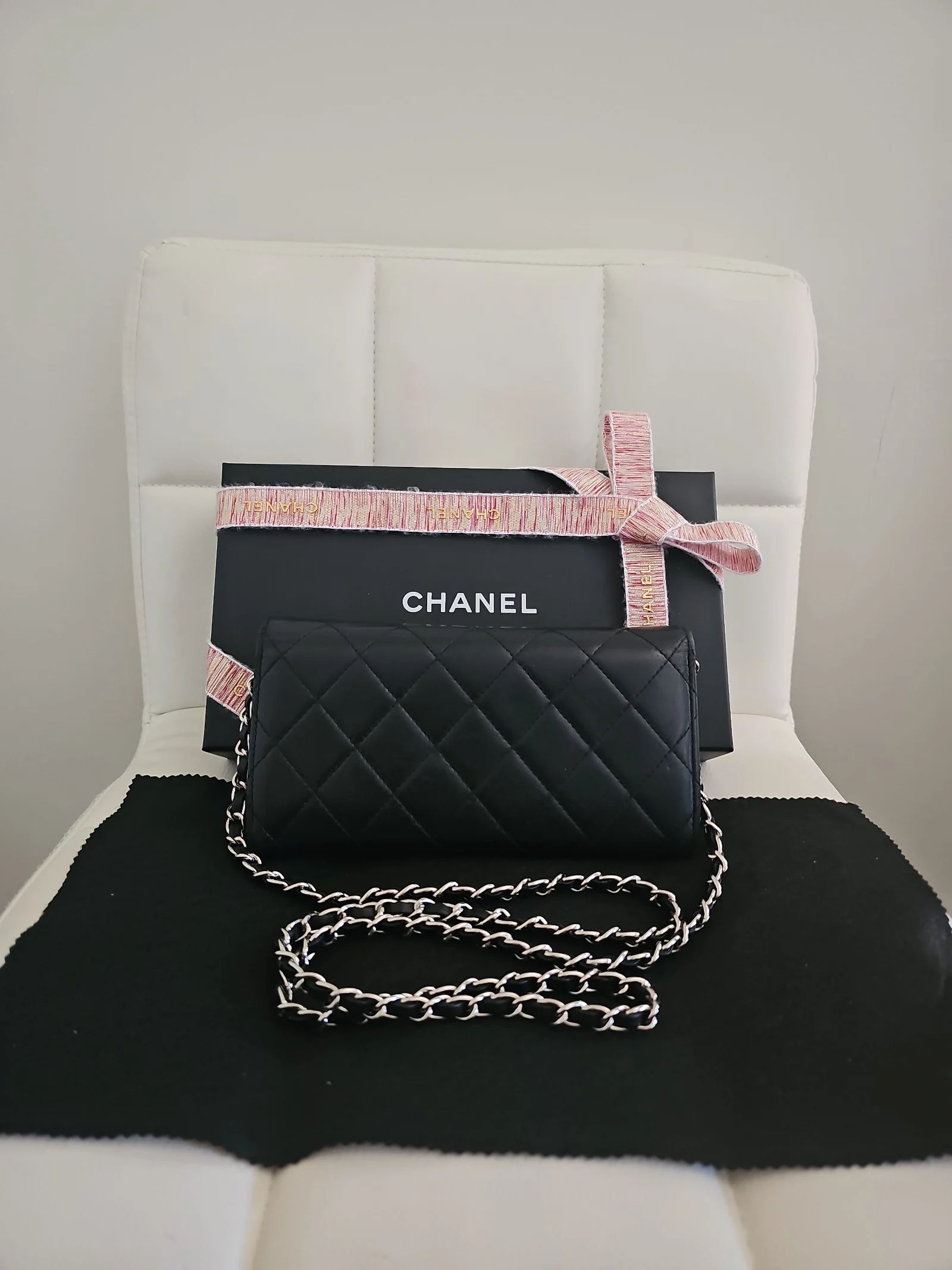 CHANEL Black Lambskin Quilted Long Wallet