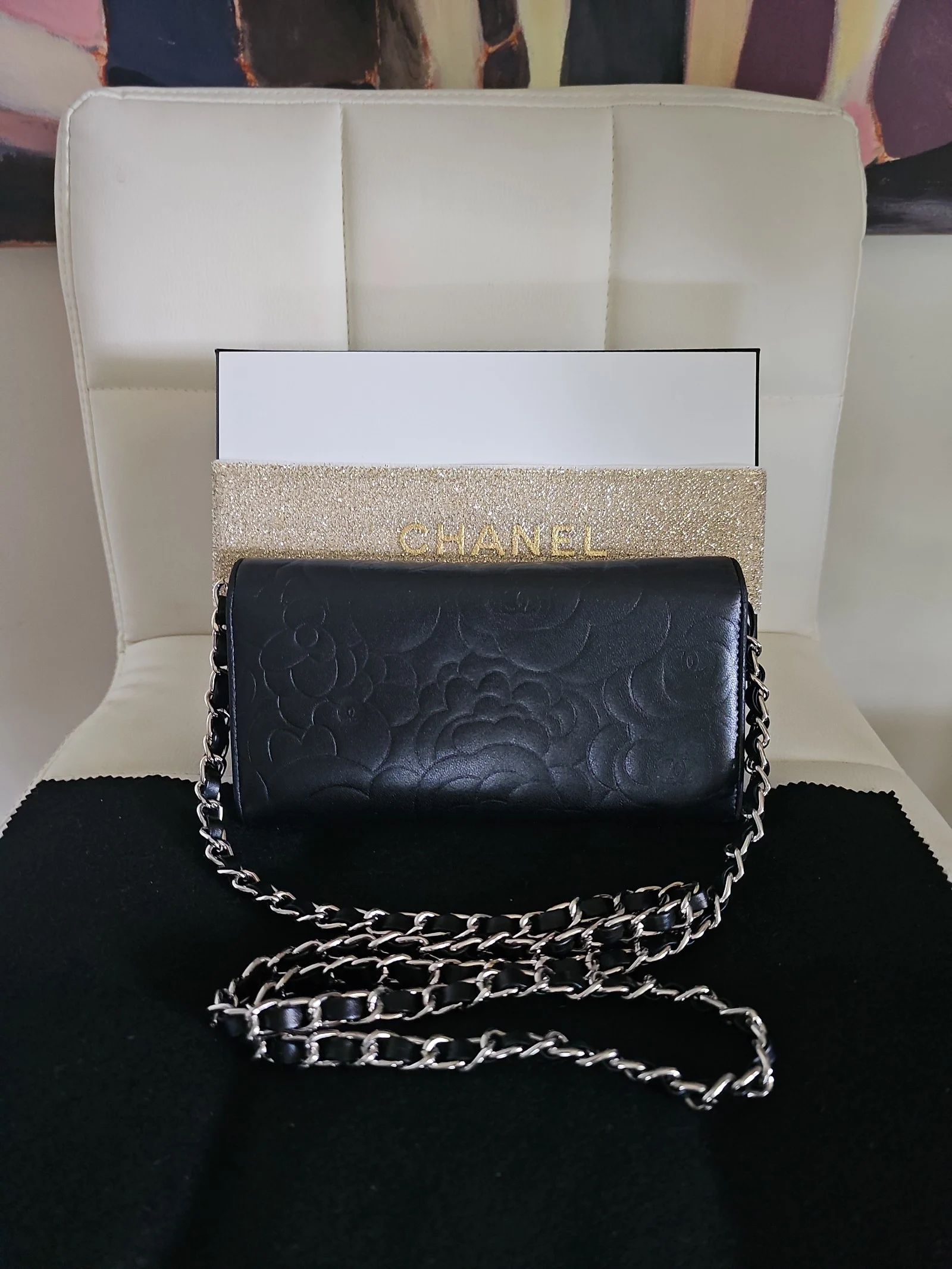 CHANEL Black Lambskin Camellia Embossed Wallet