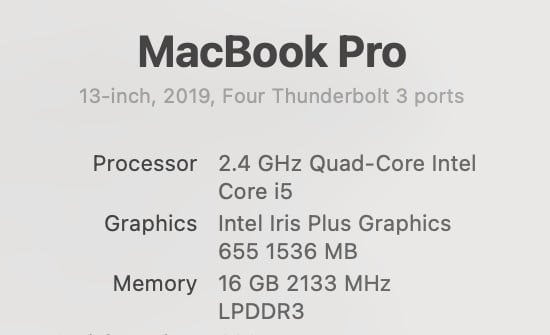 MacBook Pro (13-inch, 2019, Four Thunderbolt 3 ports) 16GB RAM, 2.4GHz i5, 512GB