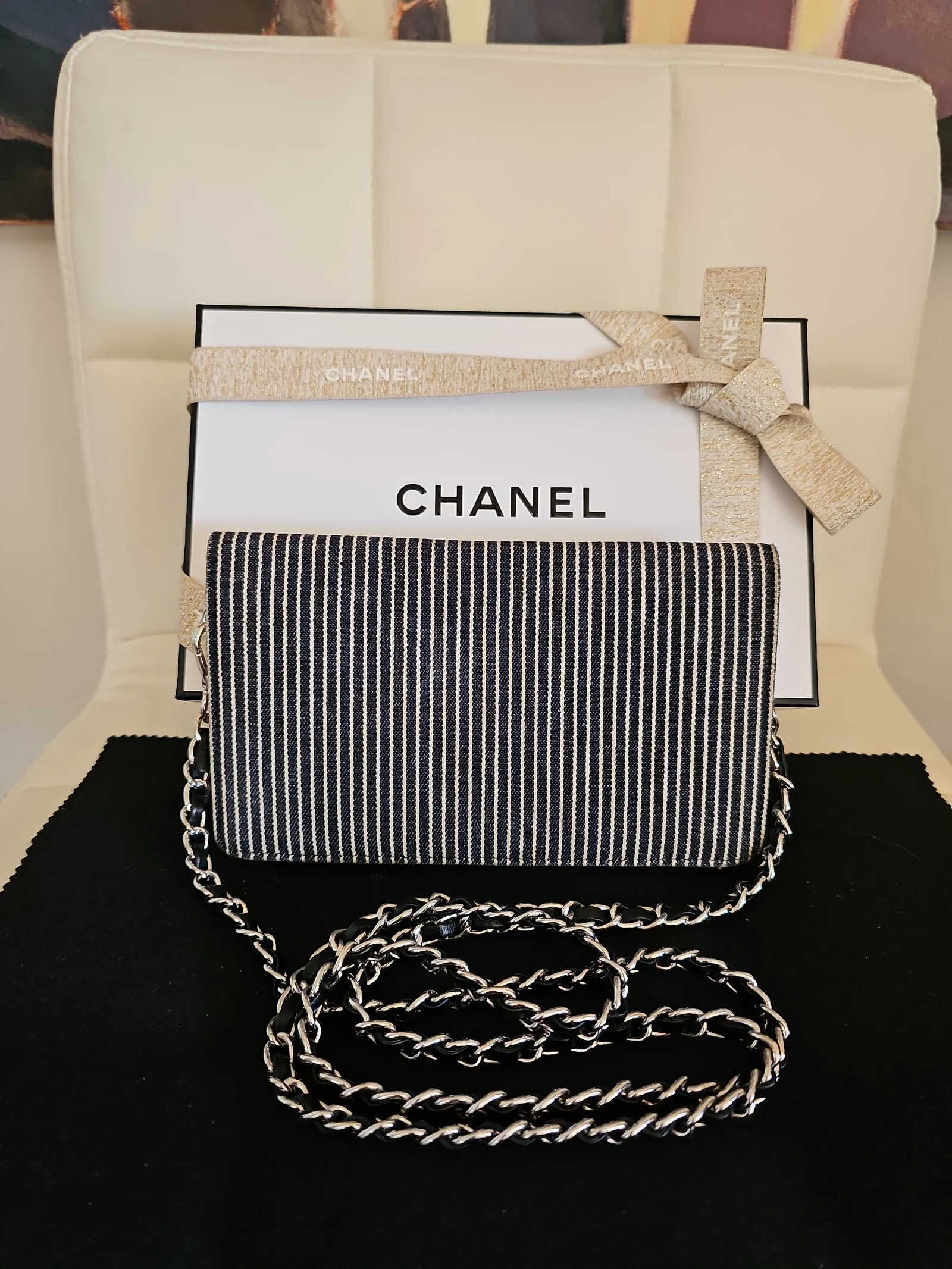 CHANEL Striped Denim Timeless Wallet