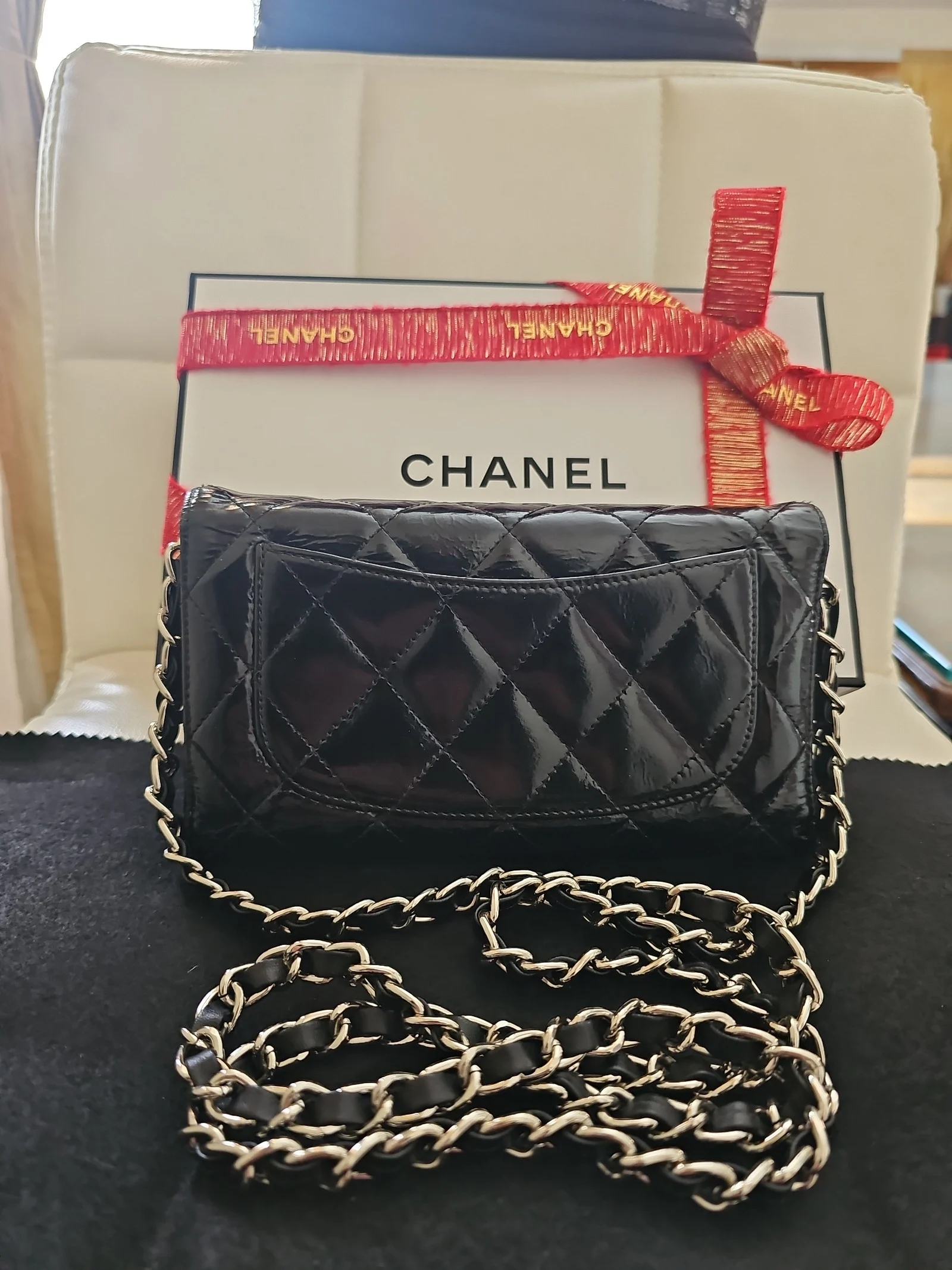 CHANEL Patent Leather Quilted Large Flap Wallet