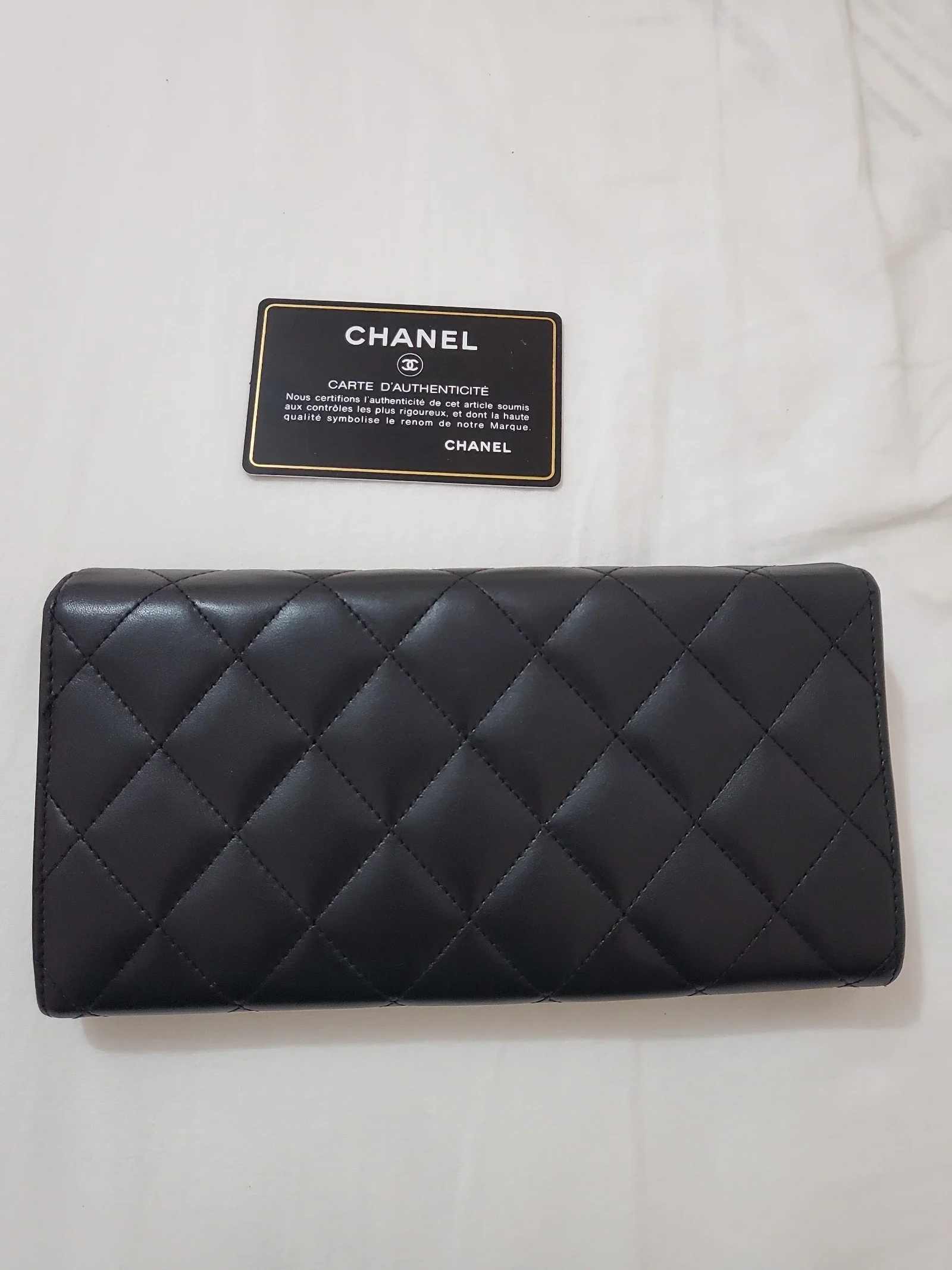 Auth CHANEL Cambon Matelasse Black Lambskin Long Flap Wallet Phone Crossbody Bag