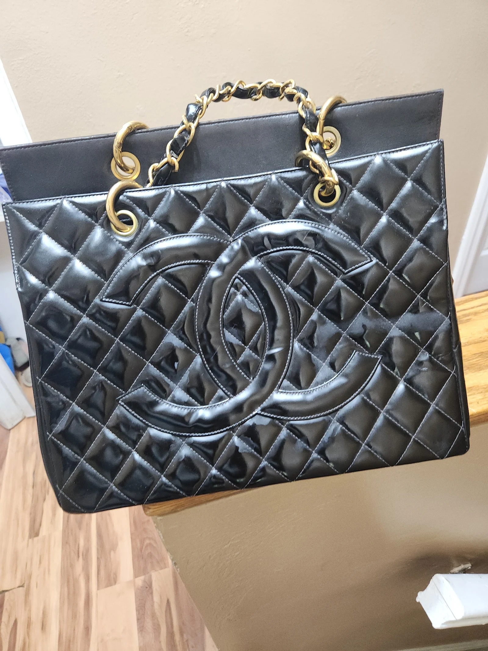 Patent Quilted Grand Shopping Tote GST Black