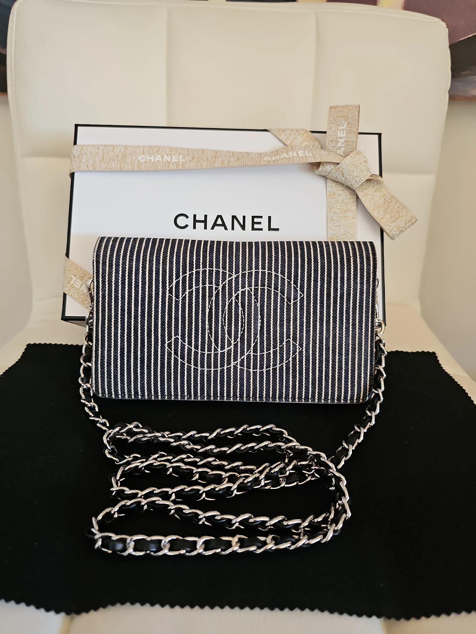 CHANEL Striped Denim Timeless Wallet