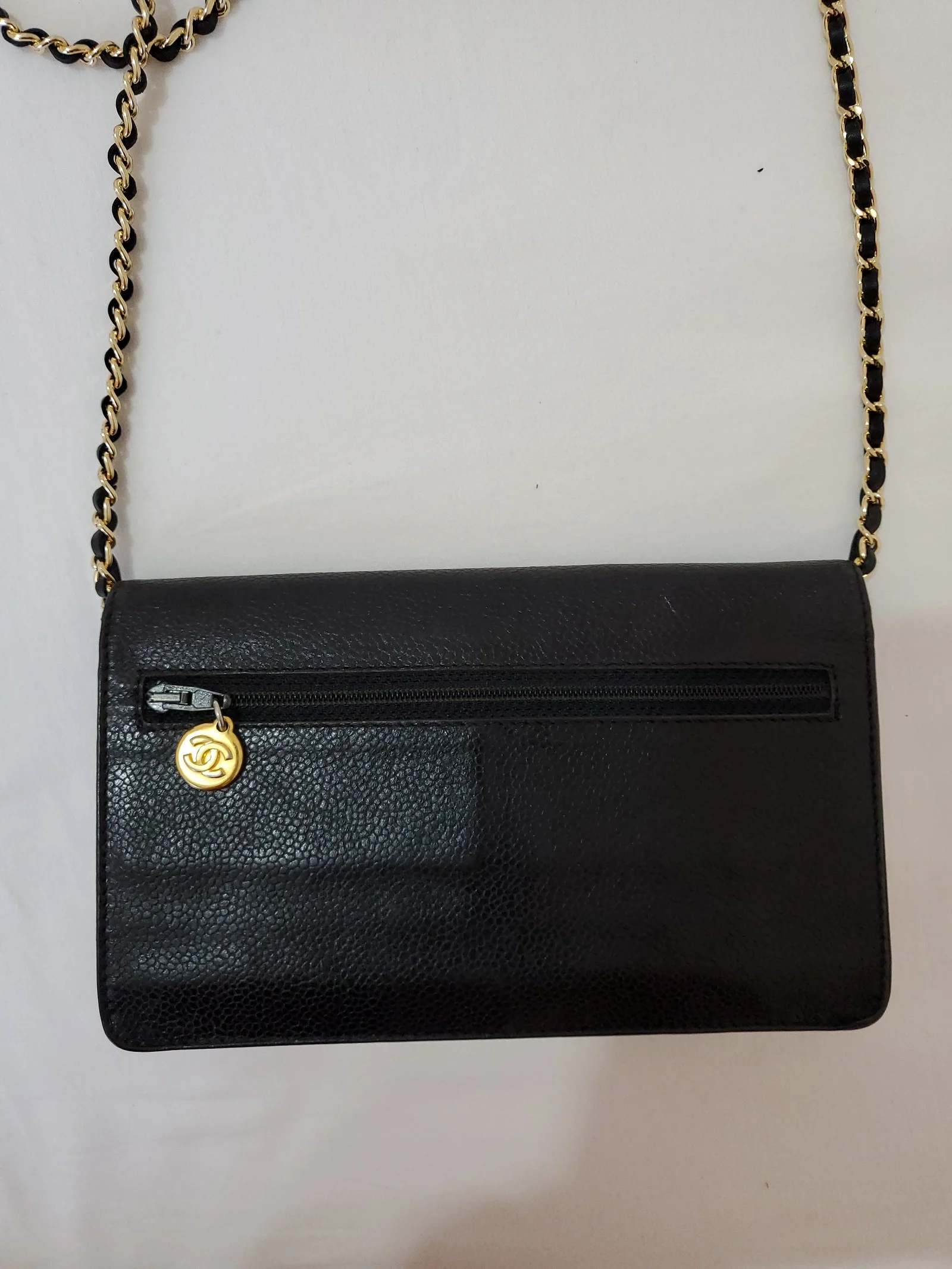 Auth CHANEL Timeless Caviar Skin Leather Black Clutch Phone Holder Crossbody Bag