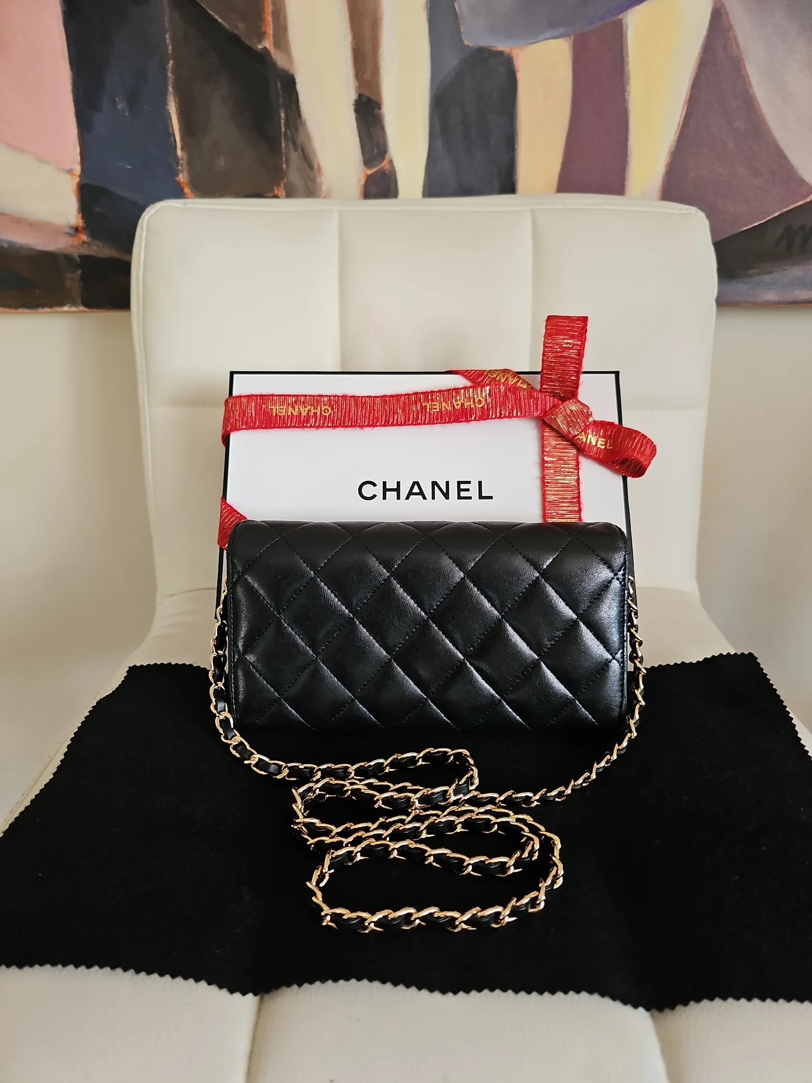 CHANEL Black Lambskin Quilted Long Wallet