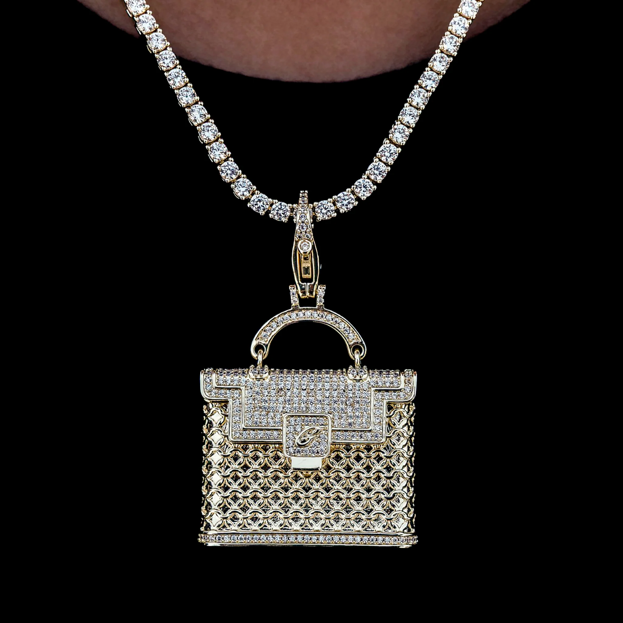 Iced Purse Clip On Pendant in Yellow Gold