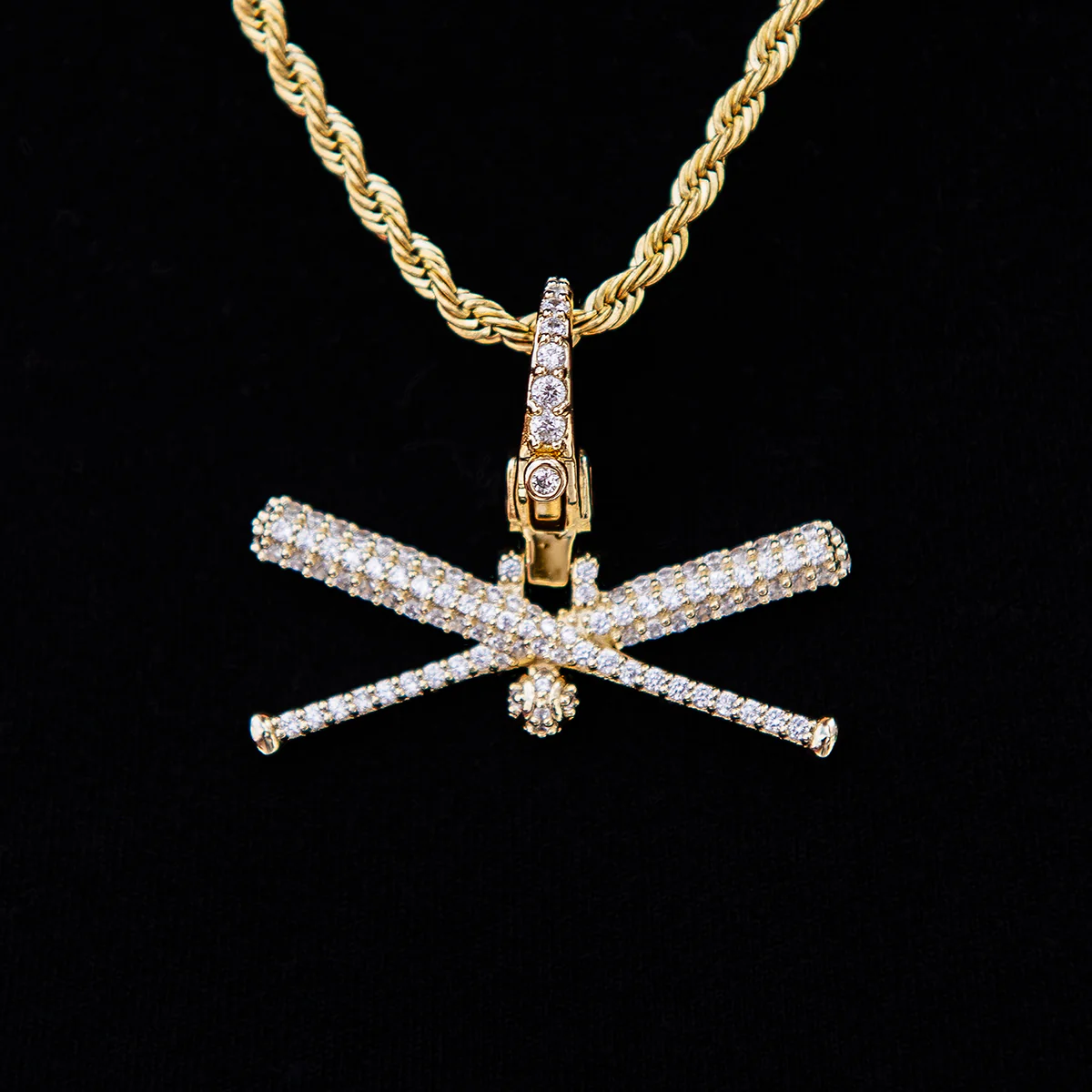 Iced Baseball Bat Clip On Pendant - Yellow Gold