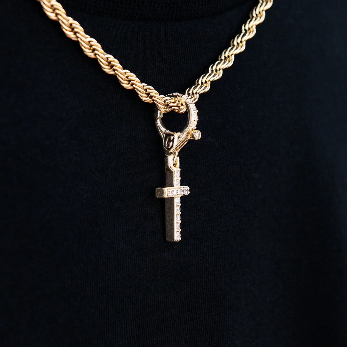 Iced Micro Cross Clip On Pendant in Yellow Gold