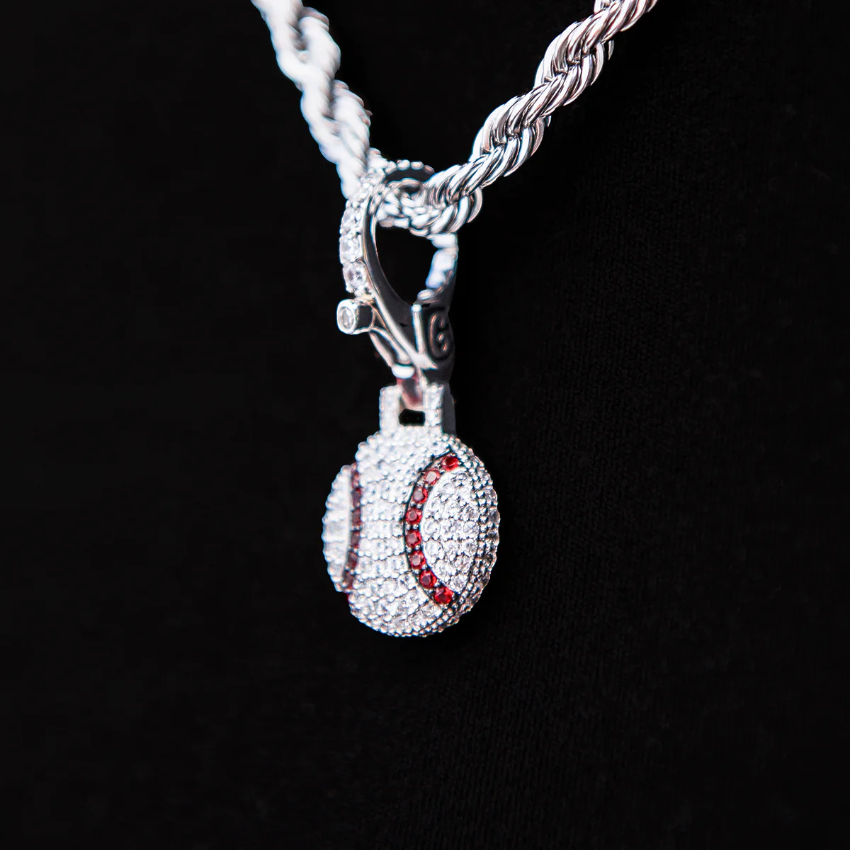 Iced Baseball Clip On Pendant in White Gold
