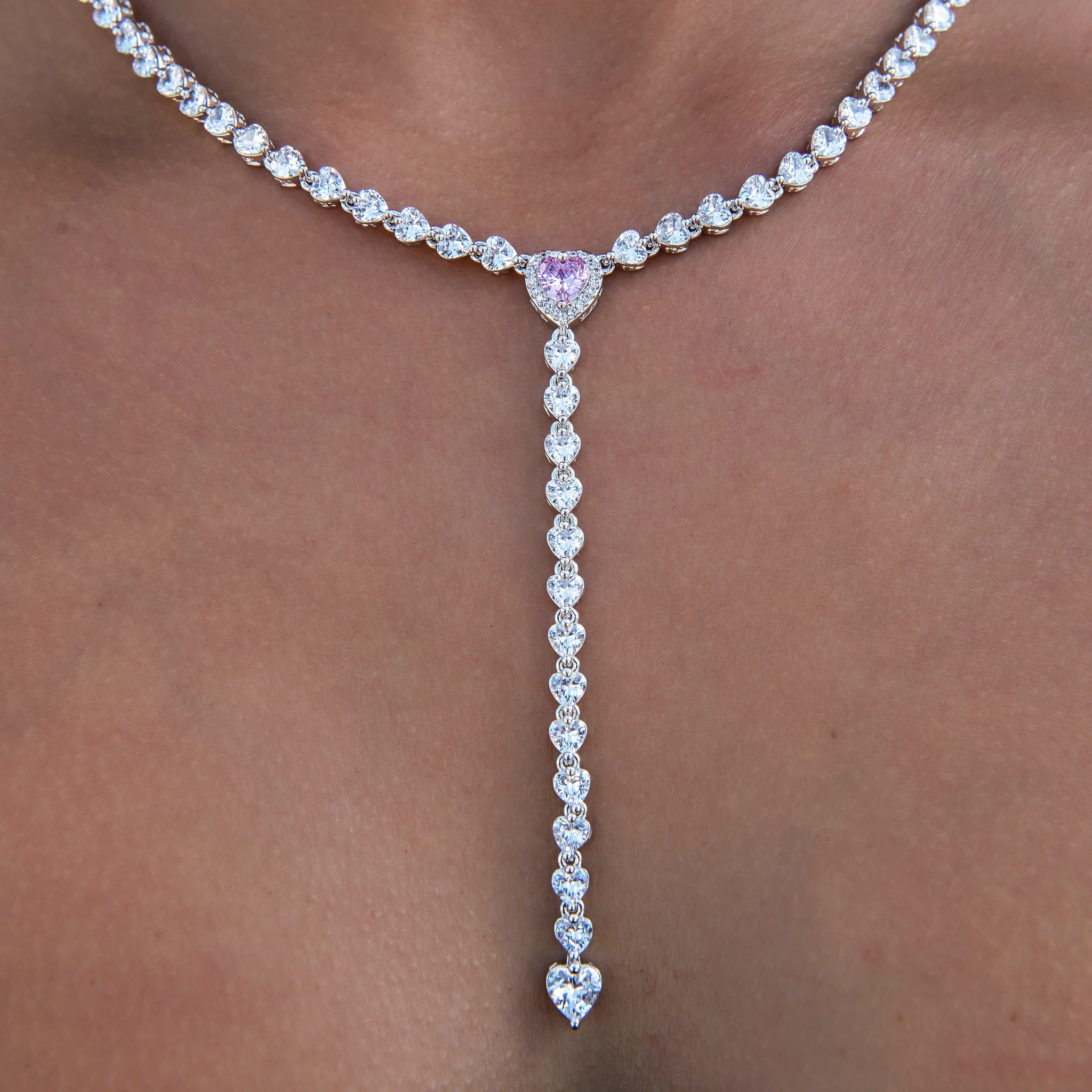 Pink Heart Lariat Necklace in White Gold