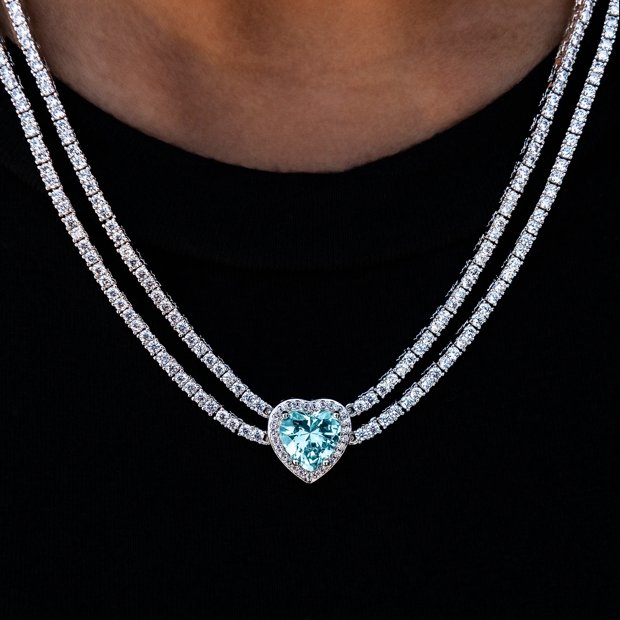 Blue Heart Diamond Double Row Tennis Necklace - White Gold