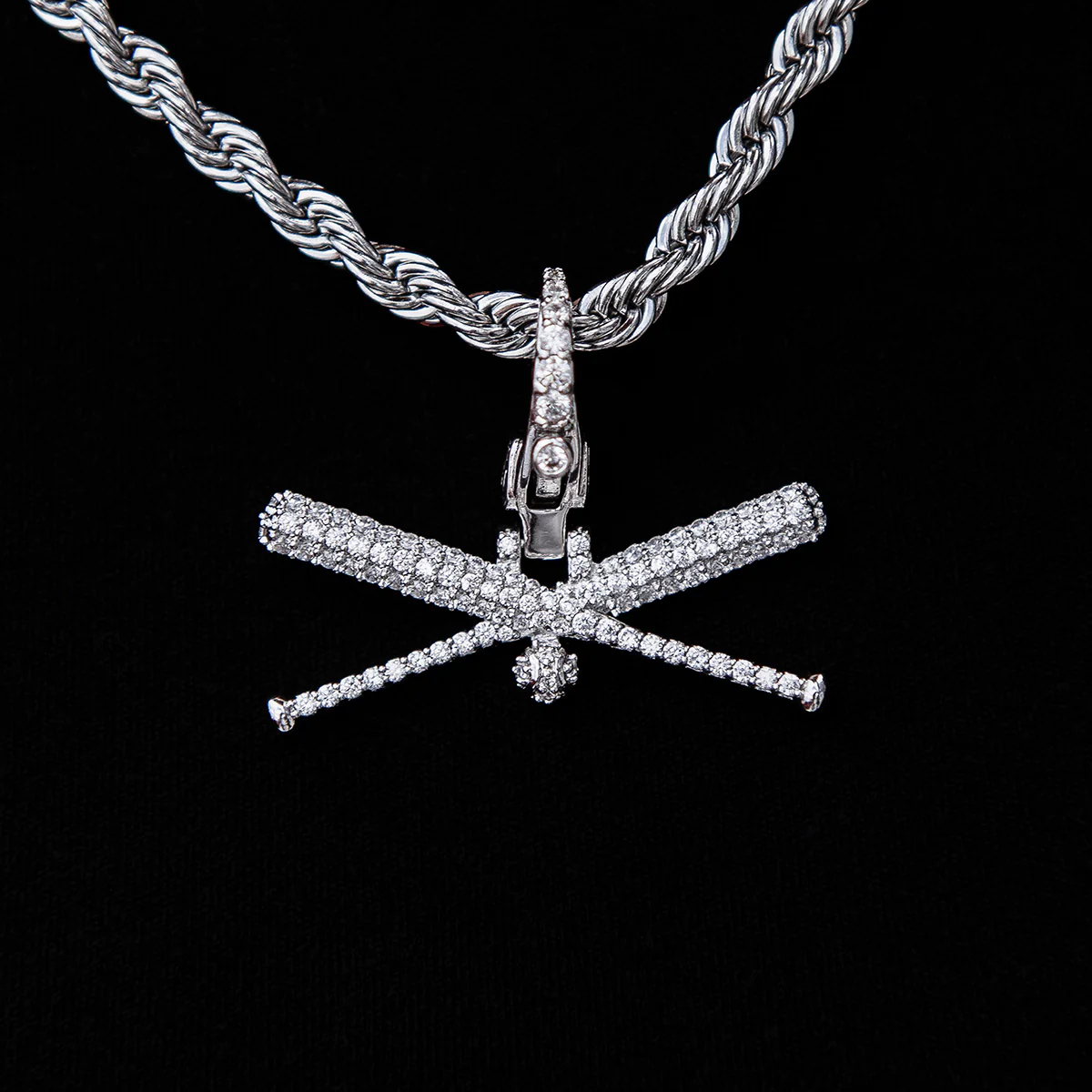 Iced Baseball Bat Clip On Pendant - White Gold