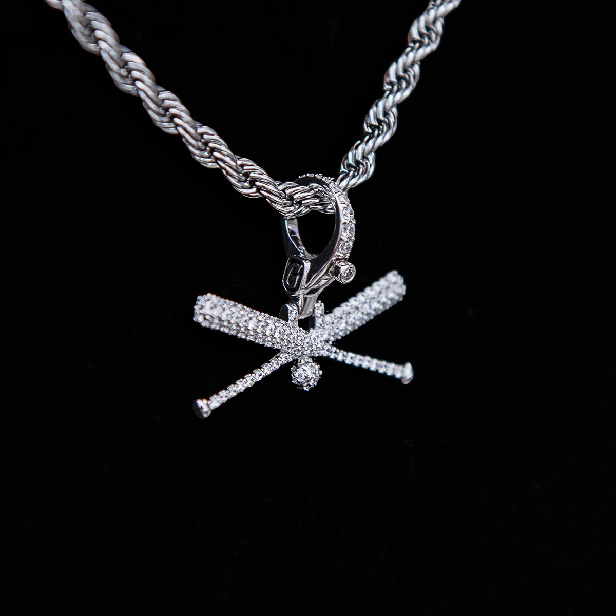 Iced Baseball Bat Clip On Pendant - White Gold