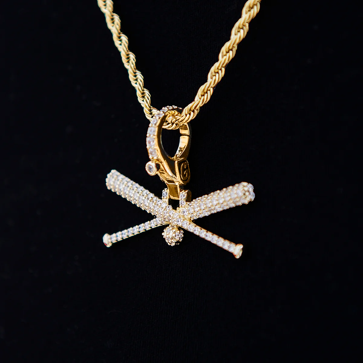 Iced Baseball Bat Clip On Pendant - Yellow Gold