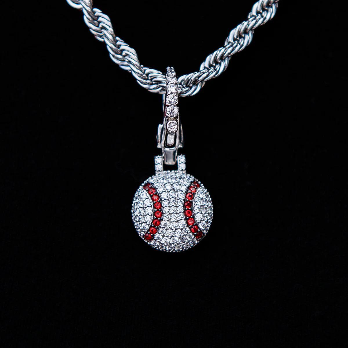Iced Baseball Clip On Pendant - White Gold