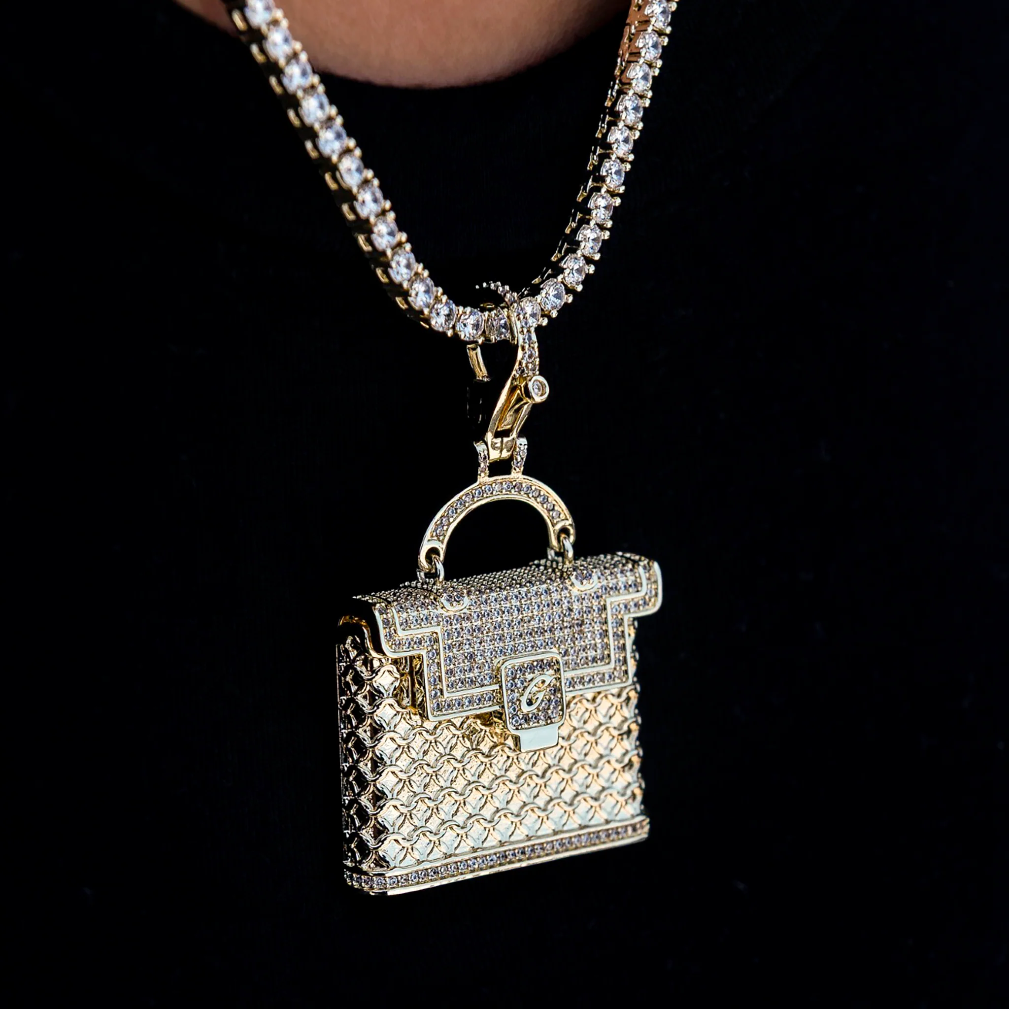 Iced Purse Clip On Pendant in Yellow Gold