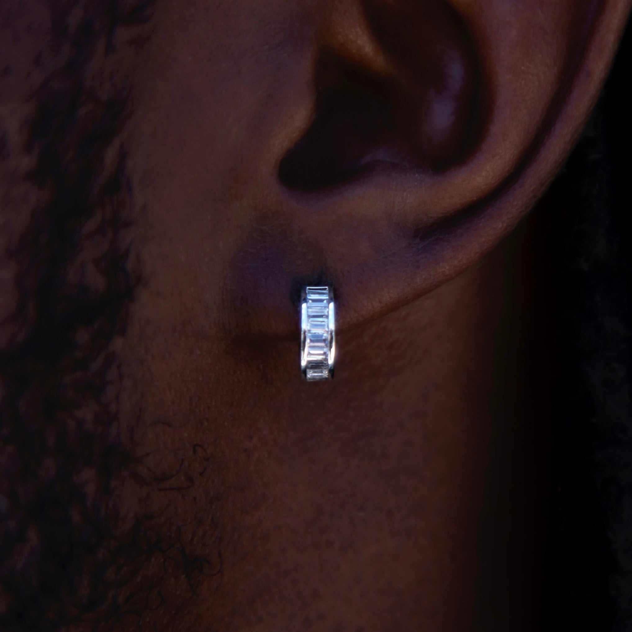 Baguette Hoop Stud Earrings in White Gold