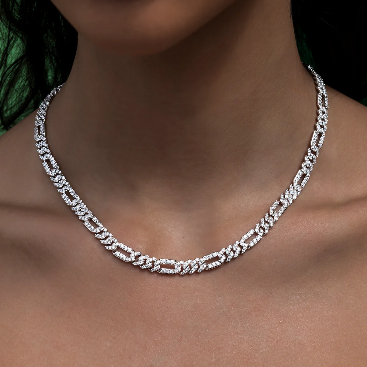 Diamond Figaro Necklace + Bracelet Bundle in White Gold- 6mm