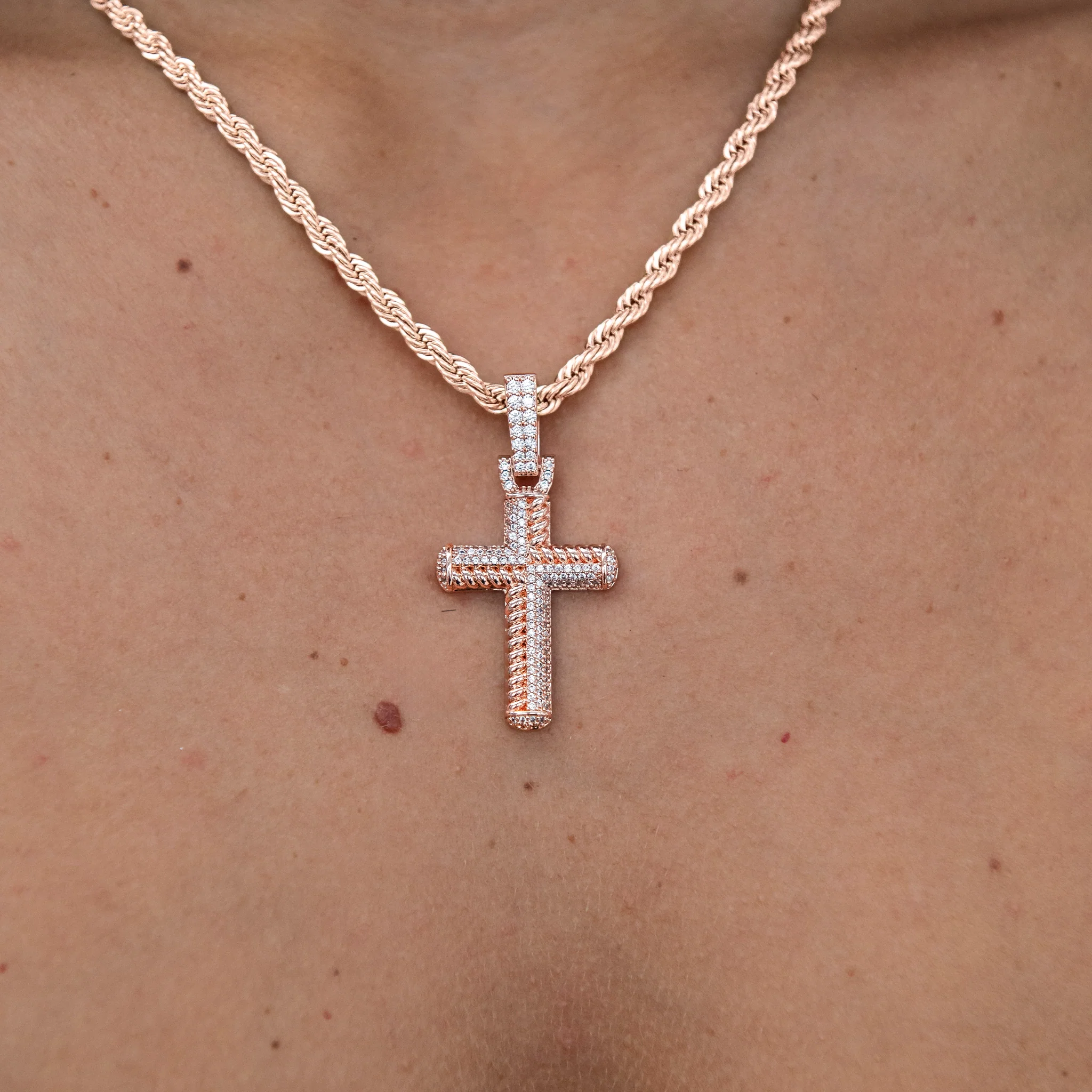 Iced Rope Mix Cross Pendant in Rose Gold