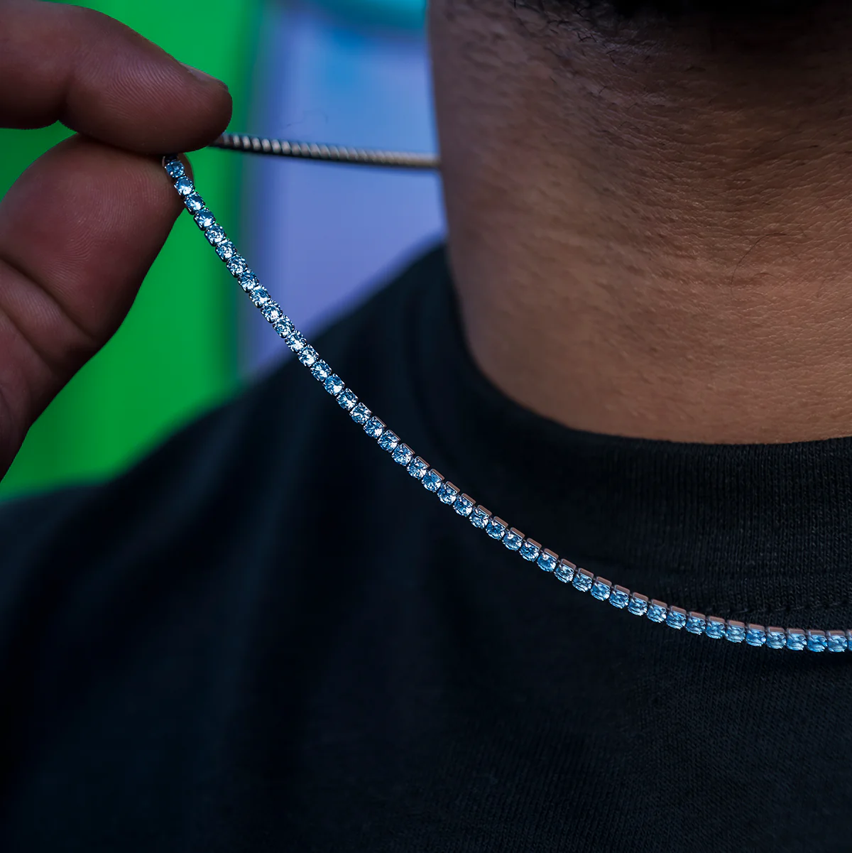 Blue Topaz Diamond Micro Tennis Chain in White Gold
