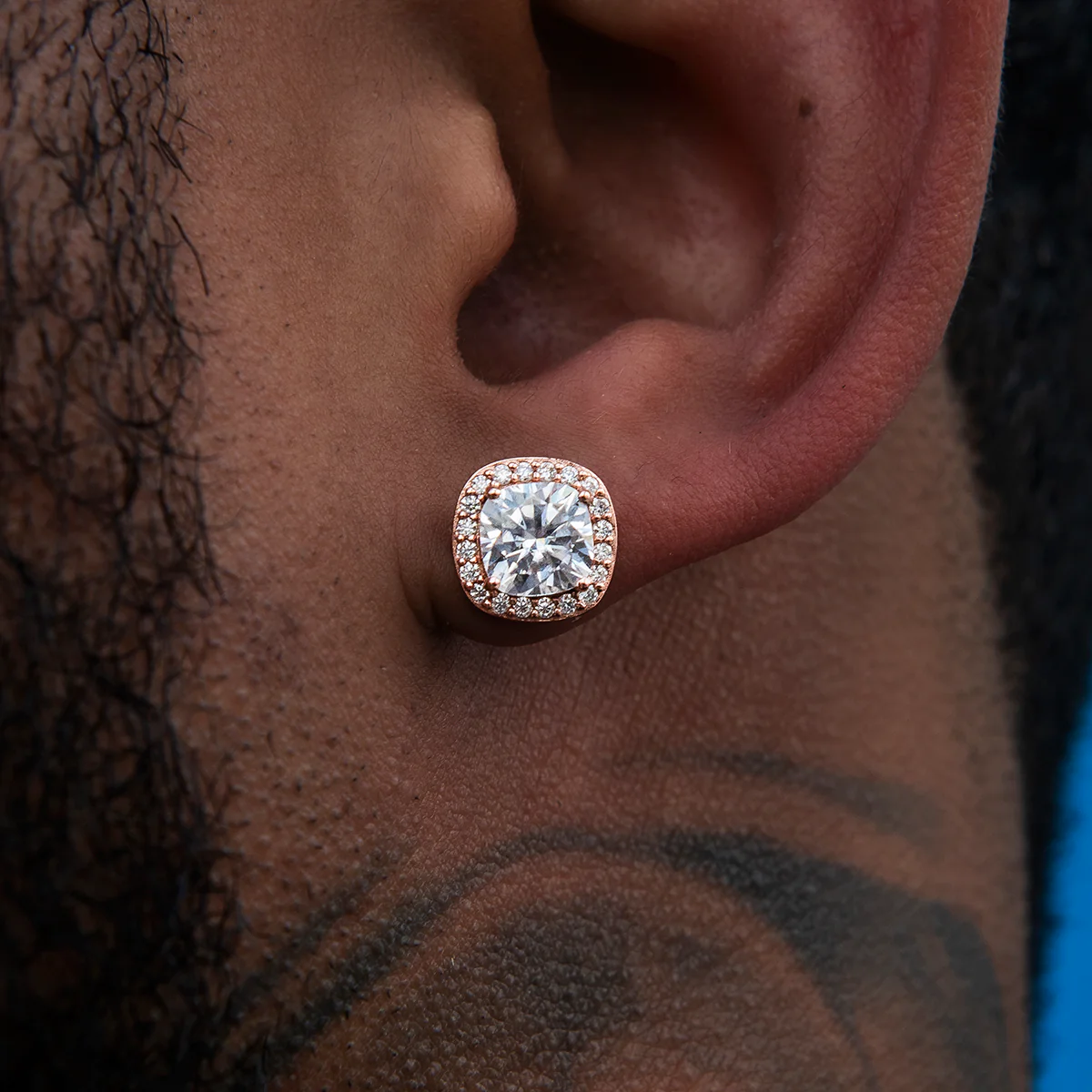 Men's Cushion Cut Moissanite Earrings in Rose Gold Vermeil
