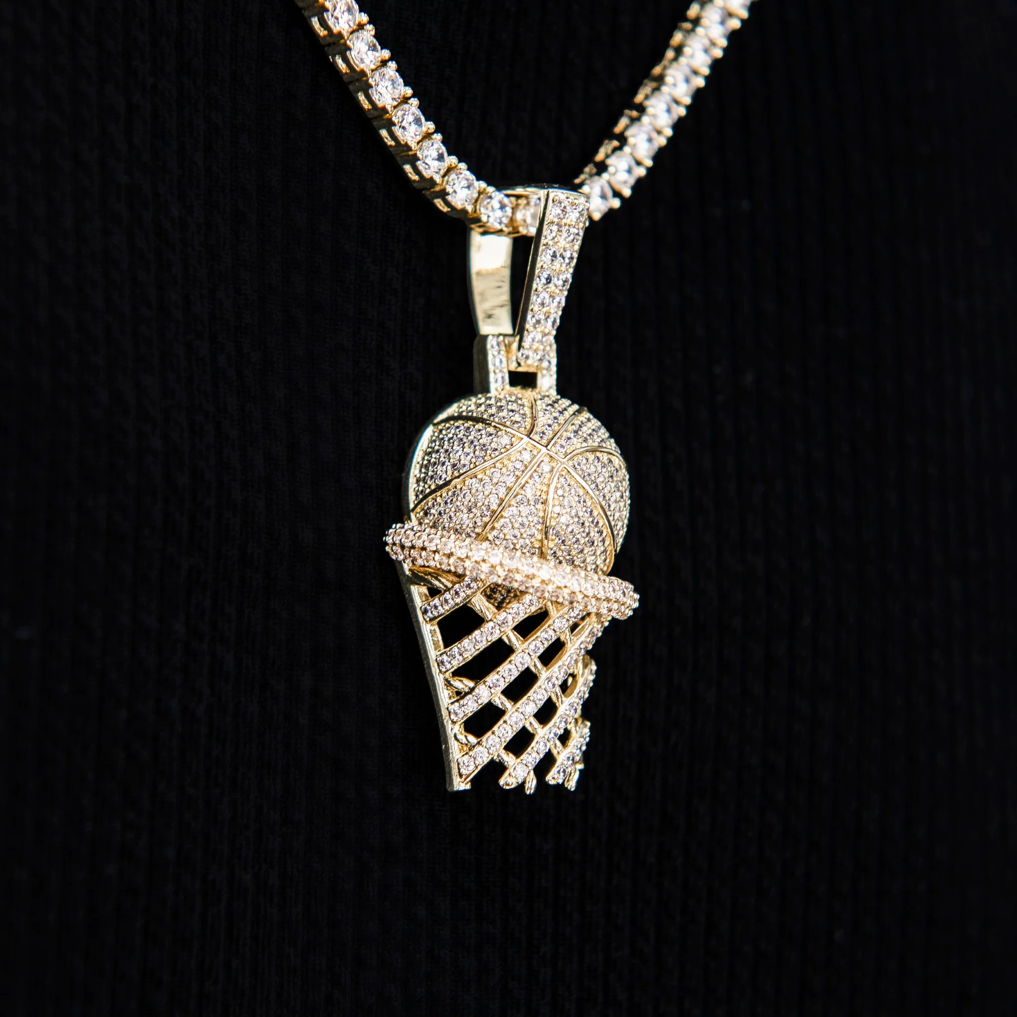 Iced Basketball Hoop Pendant in Yellow Gold