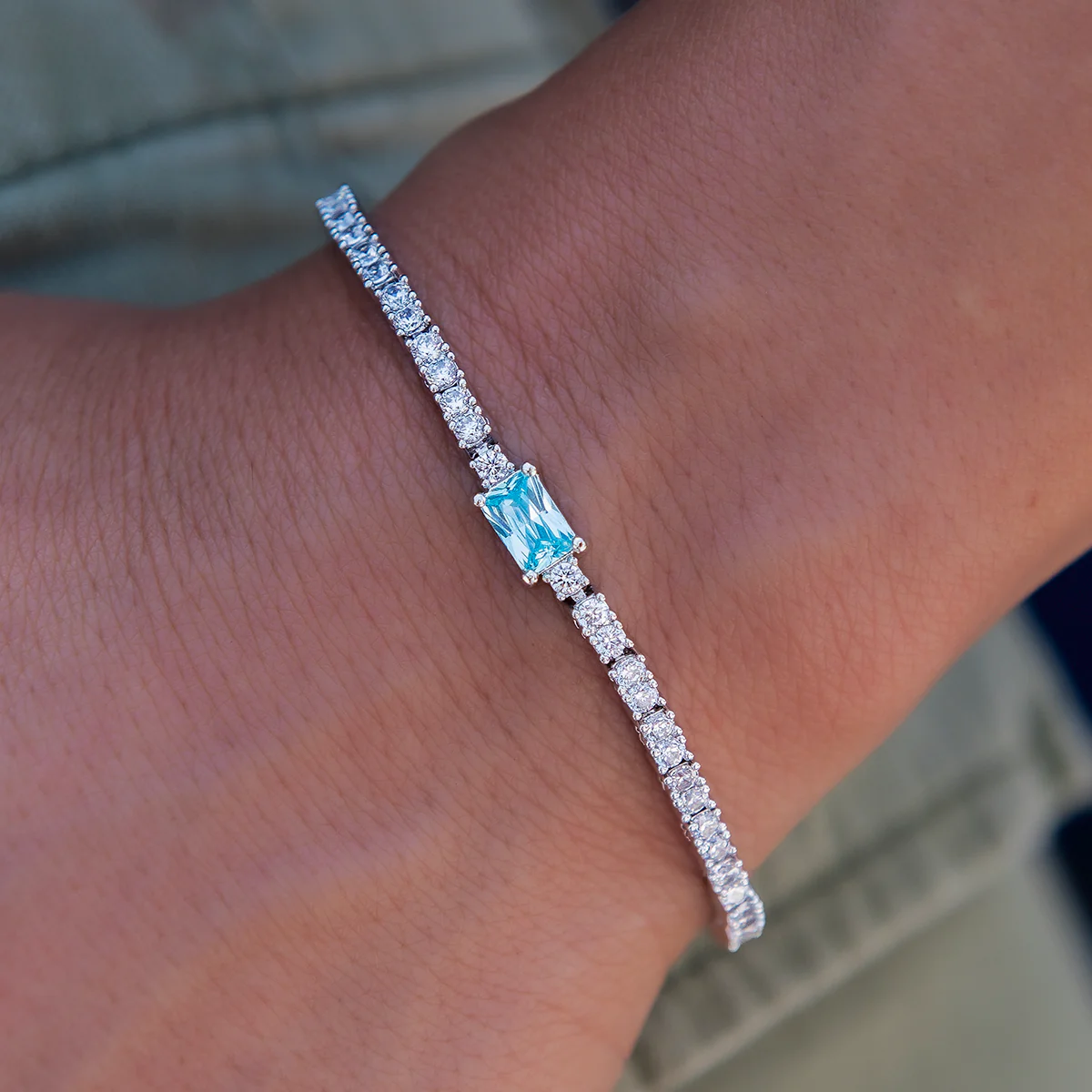 Blue Iced Rock Diamond Tennis Bracelet in White Gold
