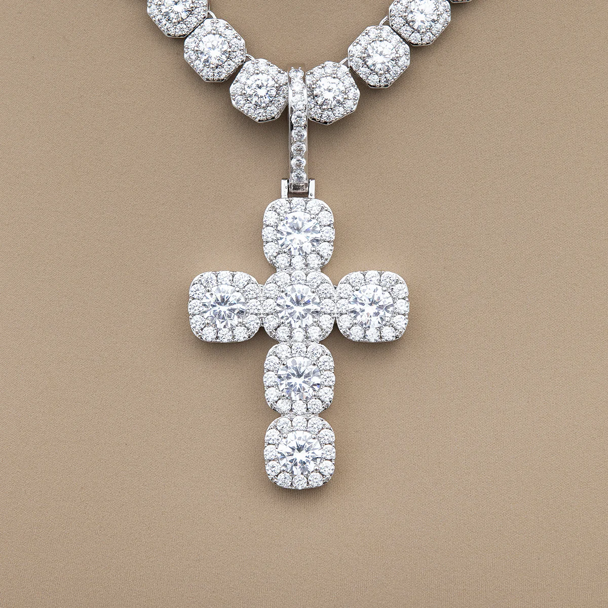Cushion Cut Stone Cross Pendant in White Gold