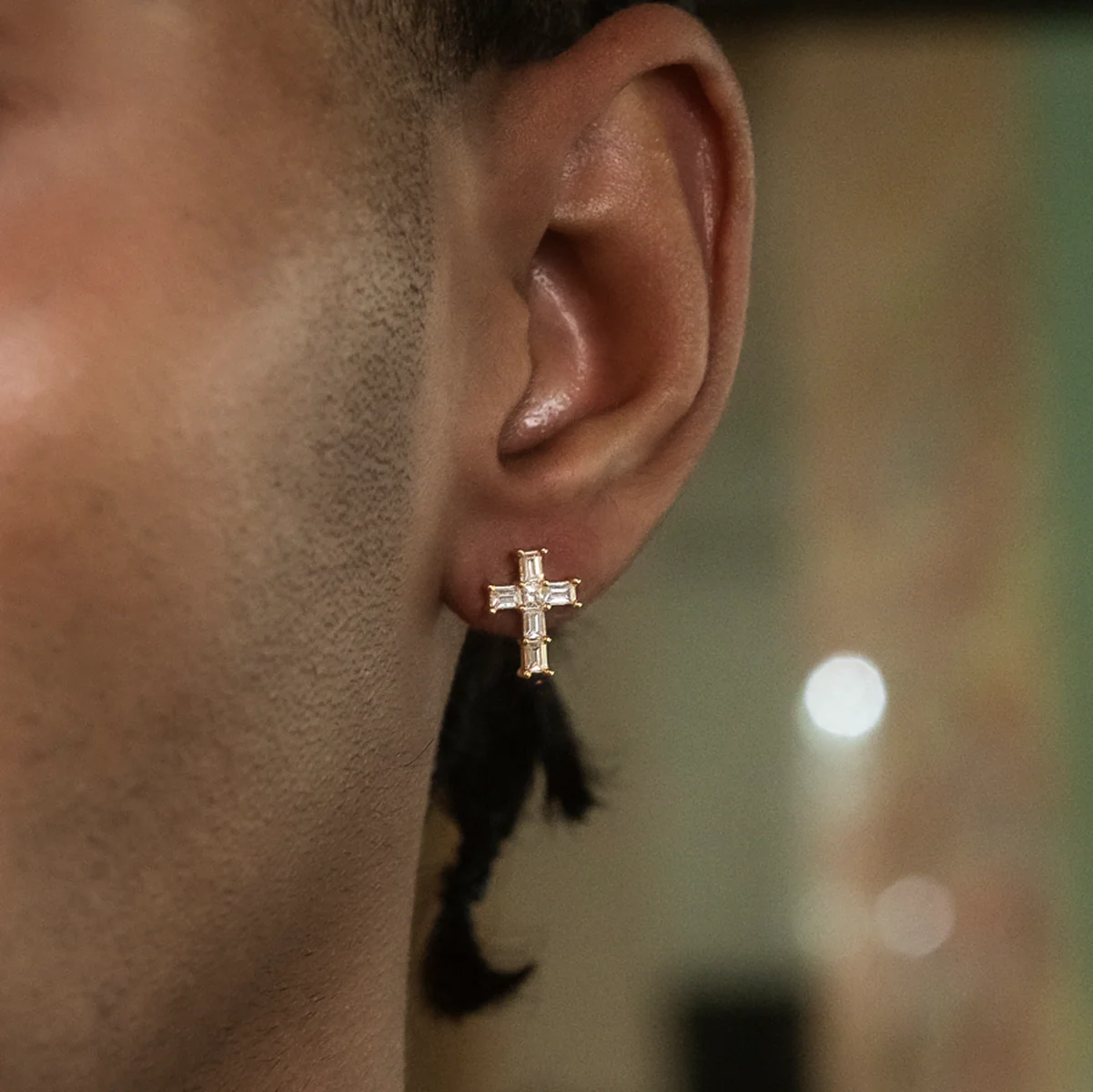 Diamond Baguette Cross Stud Earrings in Yellow Gold