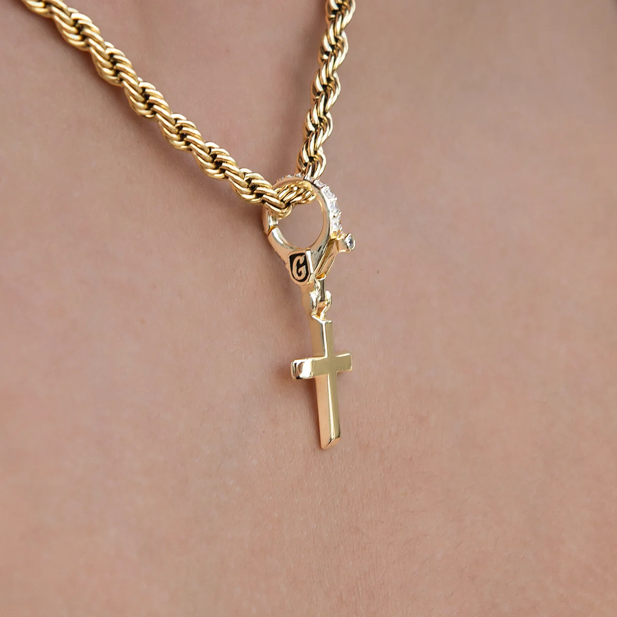 Simple Cross Clip On Charm  Pendant in Yellow Gold