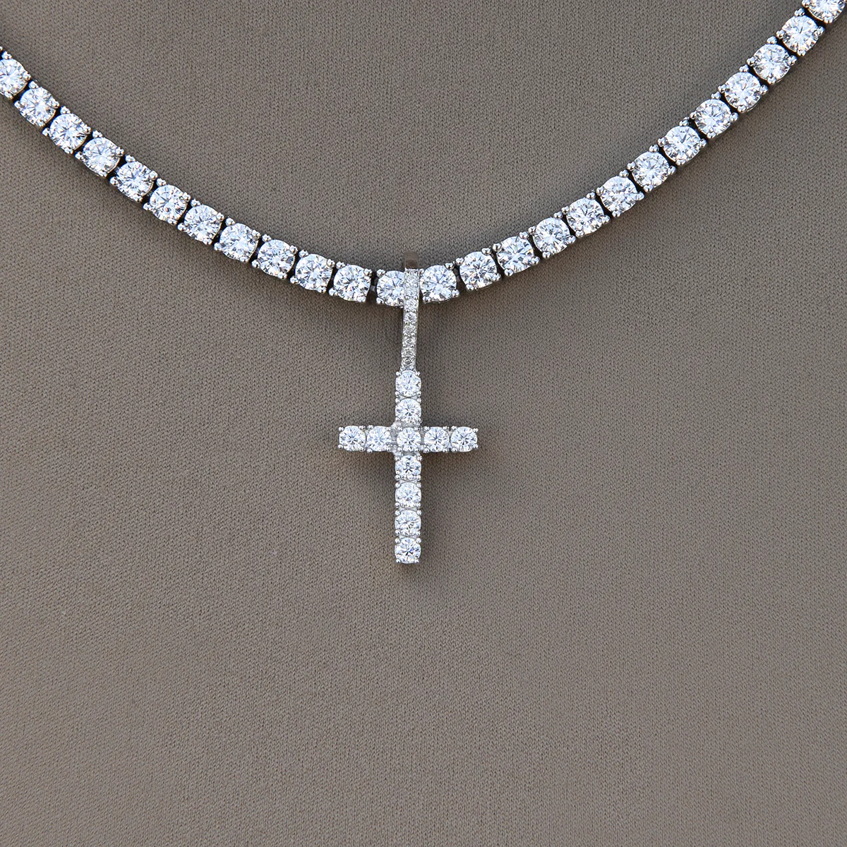 Women's Moissanite Diamond Cross Micro Pendant in White Gold Vermeil