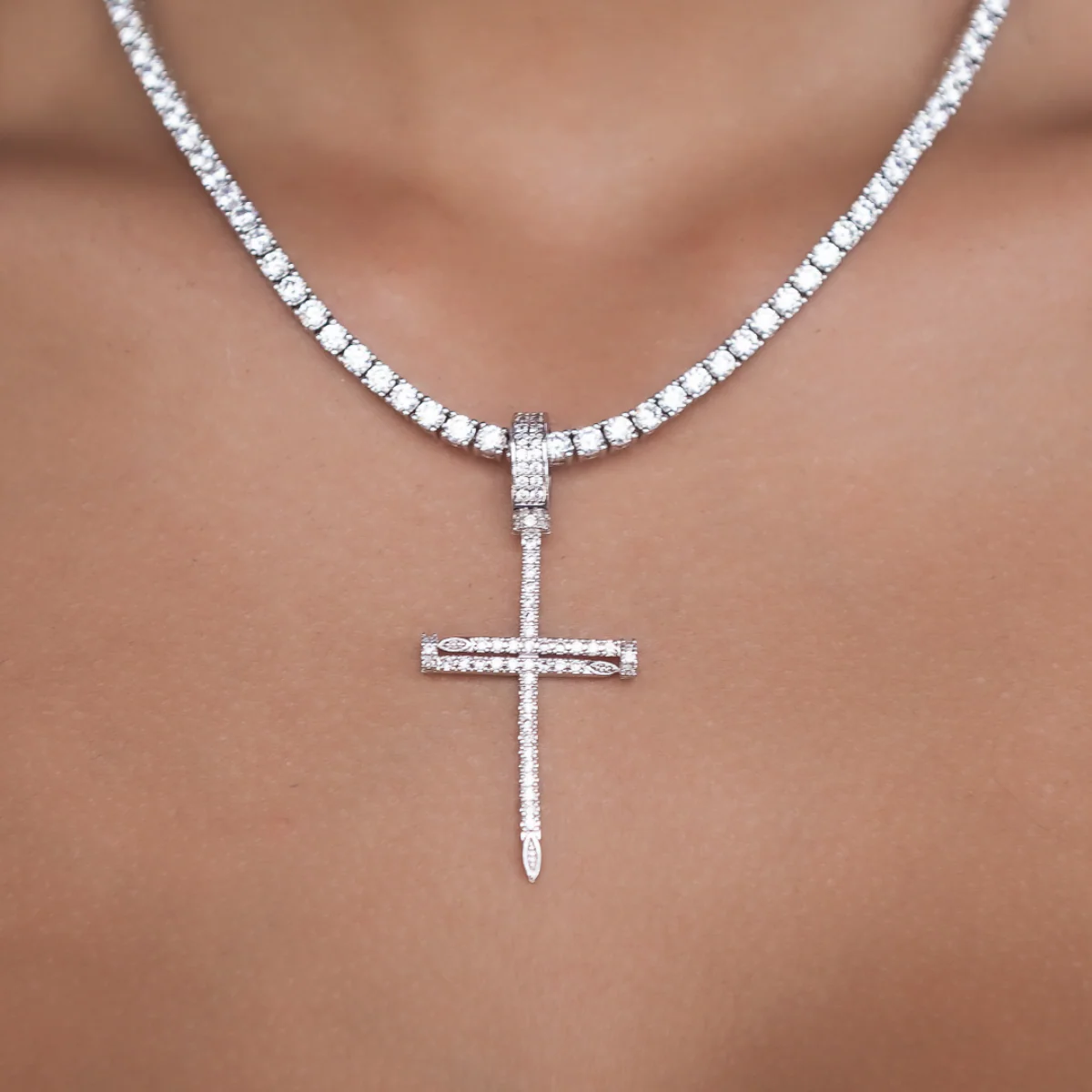 Iced Nail Cross in White Gold