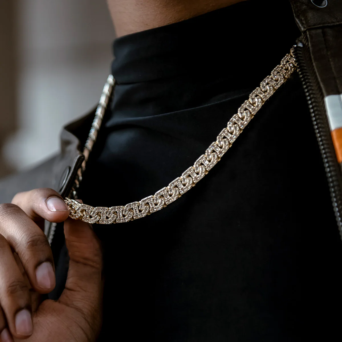 Baguette Chain Link Necklace in Yellow Gold- 8mm