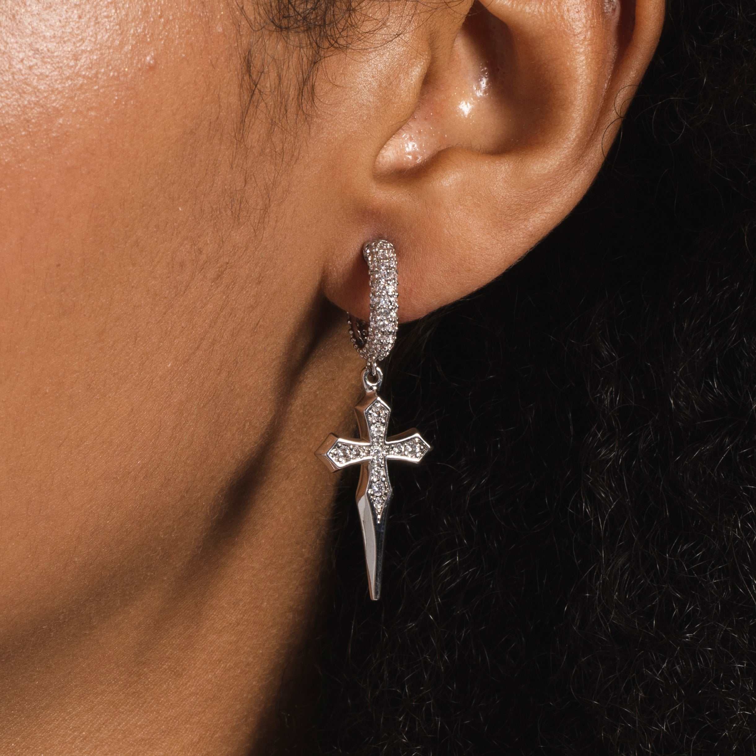 Dripping Cross Extra Small Huggie Hoop Earrings in White Gold