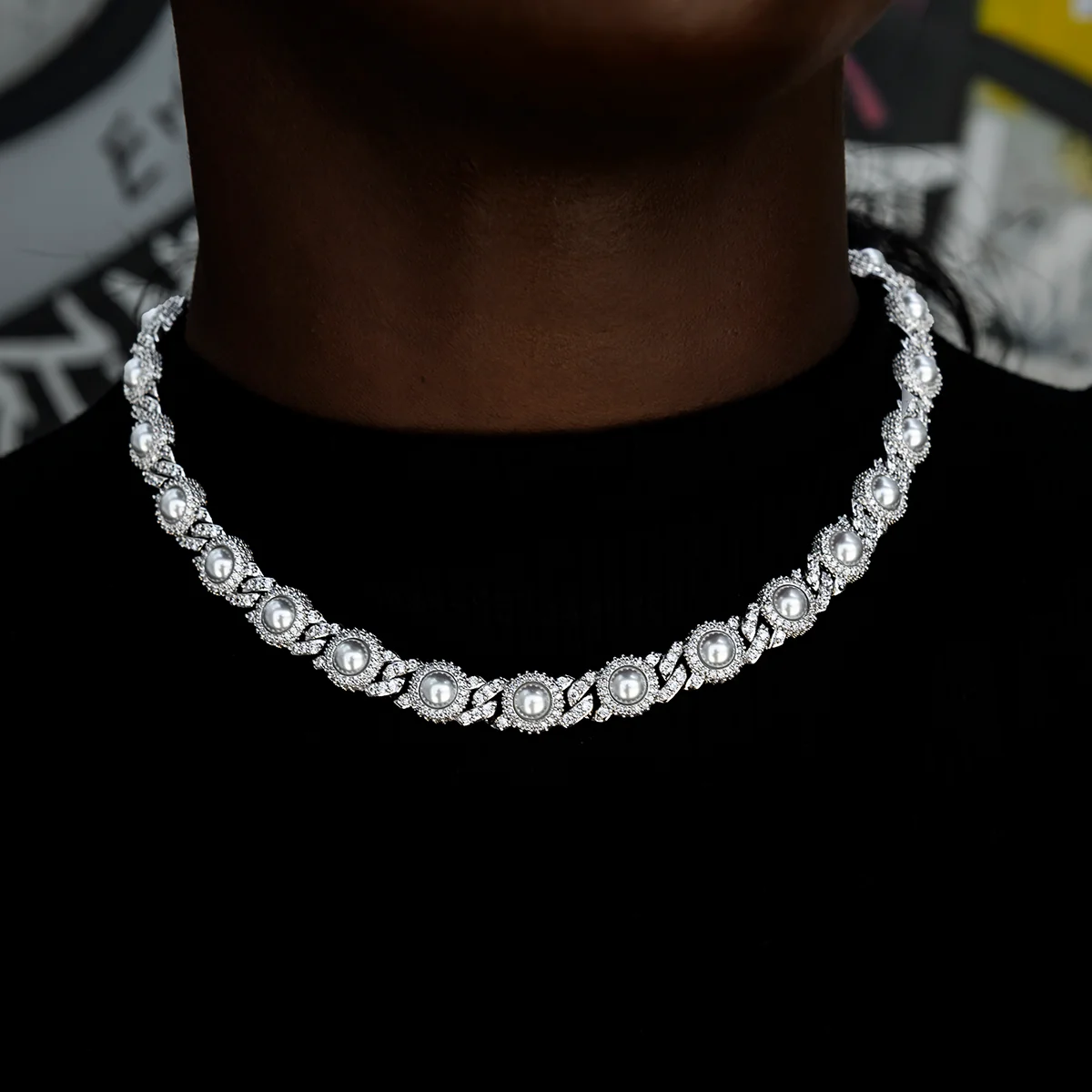 Iced Halo Cuban Necklace + Bracelet with Pearls Bundle in White Gold