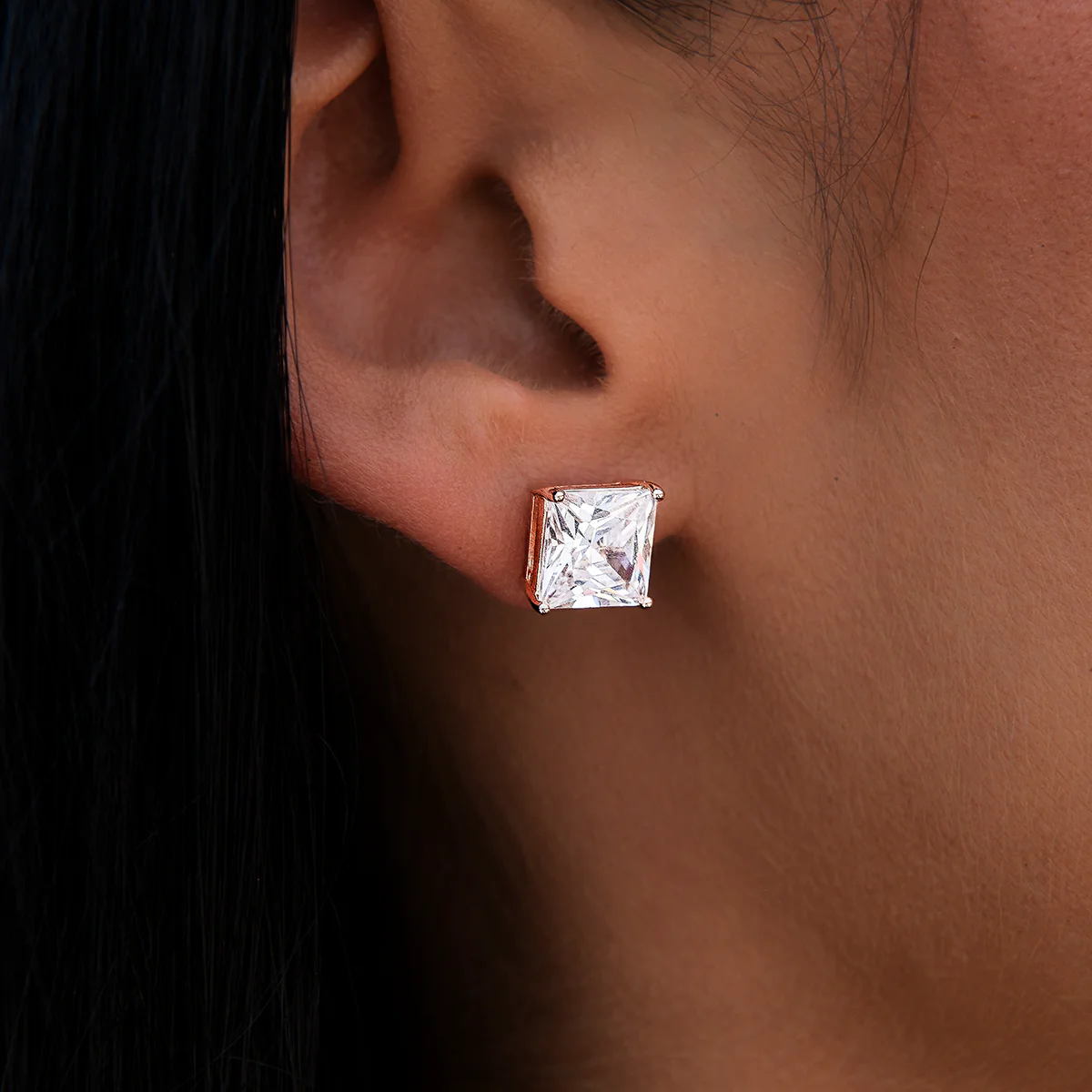 8MM Square Cut Diamond Stud Earrings - Rose Gold