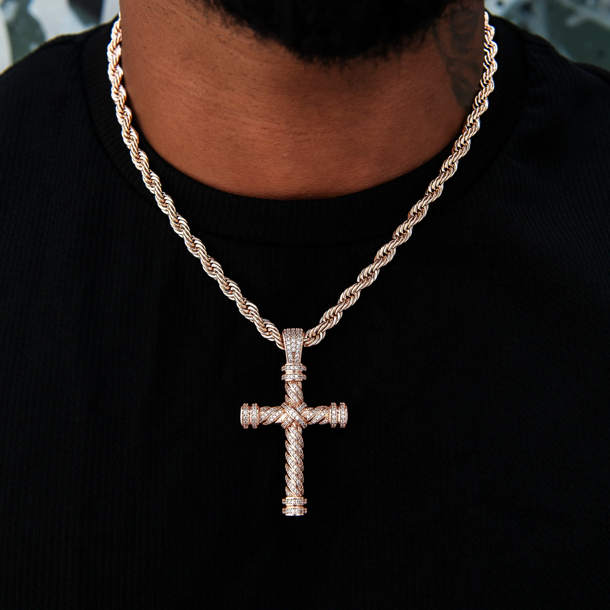 Diamond Rope Cross Pendant in Rose Gold
