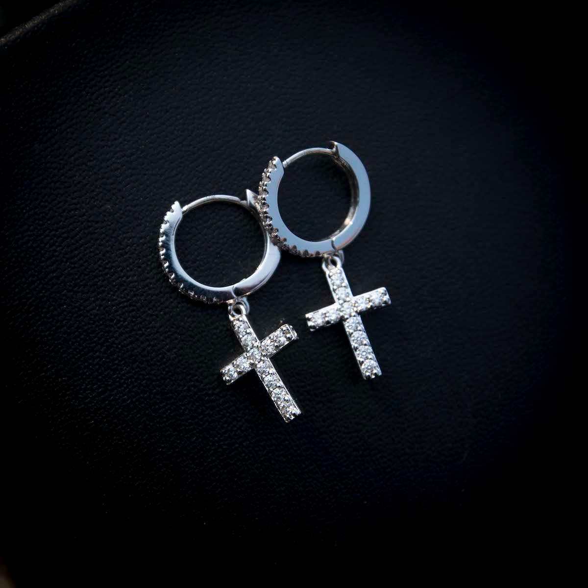 Diamond Cross Micro Huggie Hoop Earrings in White Gold