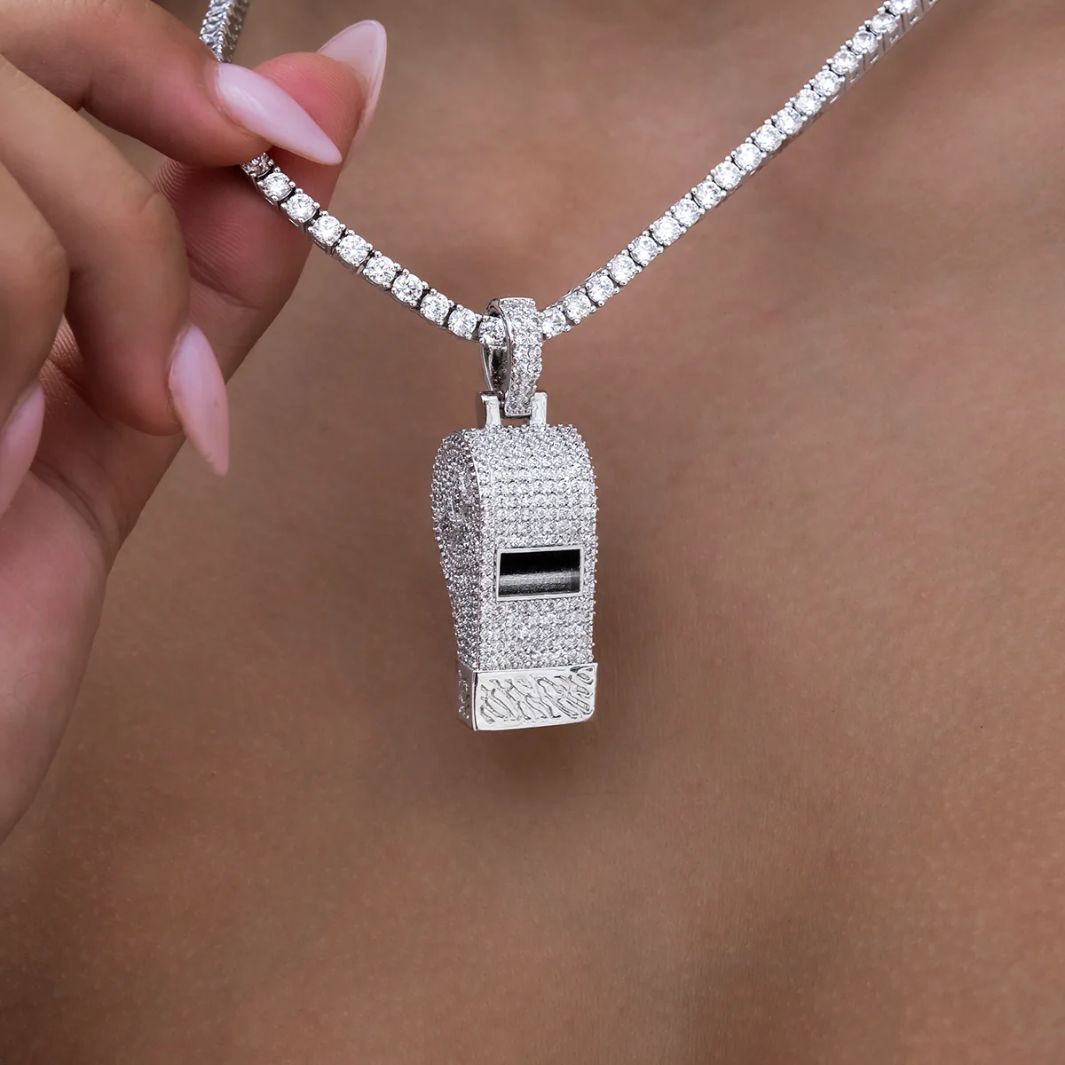 Iced Functioning Coaches Whistle Pendant in White Gold