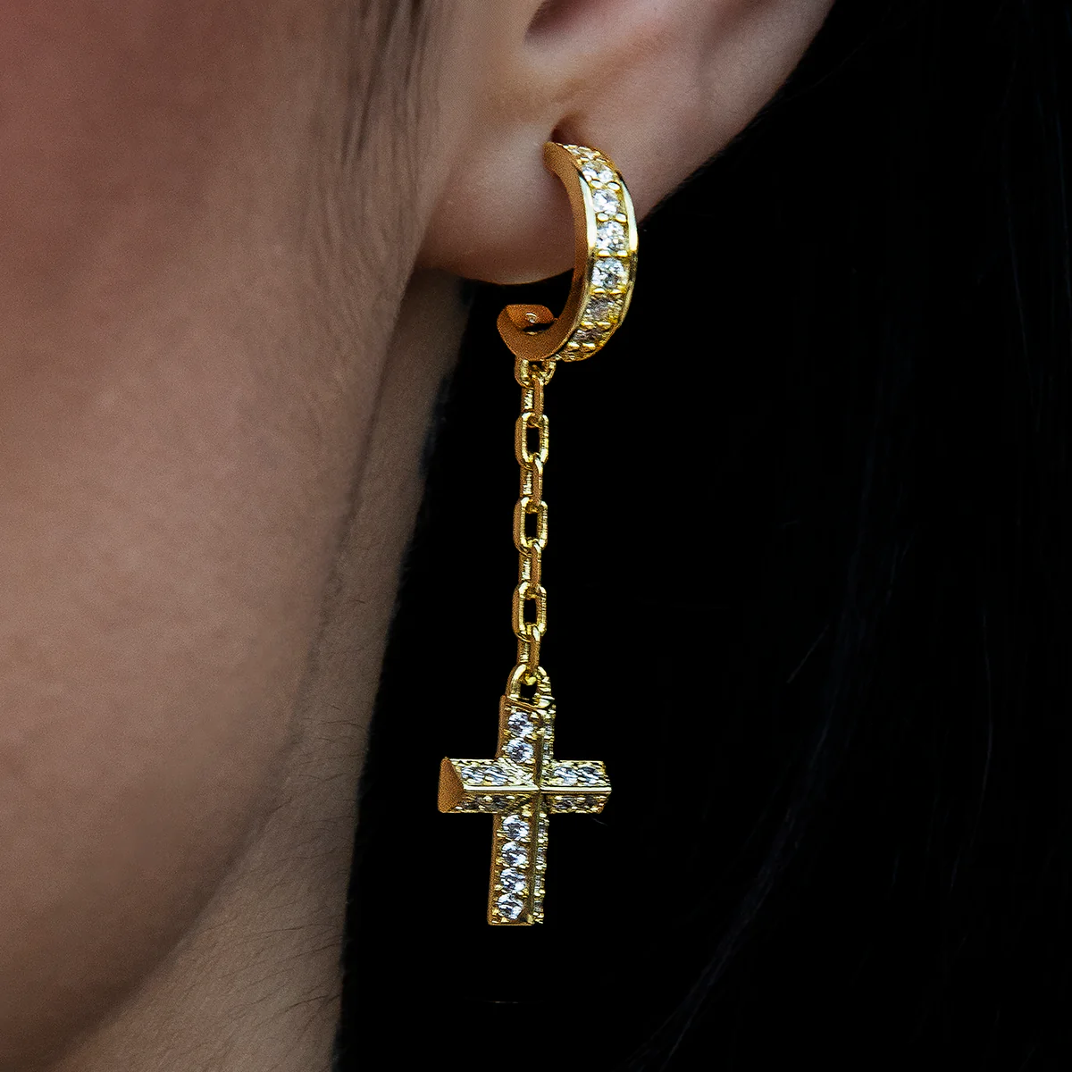 Iced Hoop Cross Drop Earrings - Gold