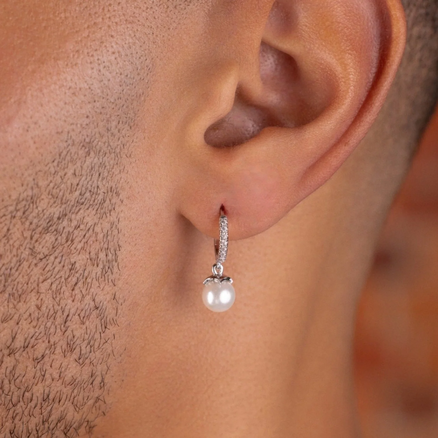 Pave Extra Small Huggie Hoop Pearl Drop Earrings in White Gold